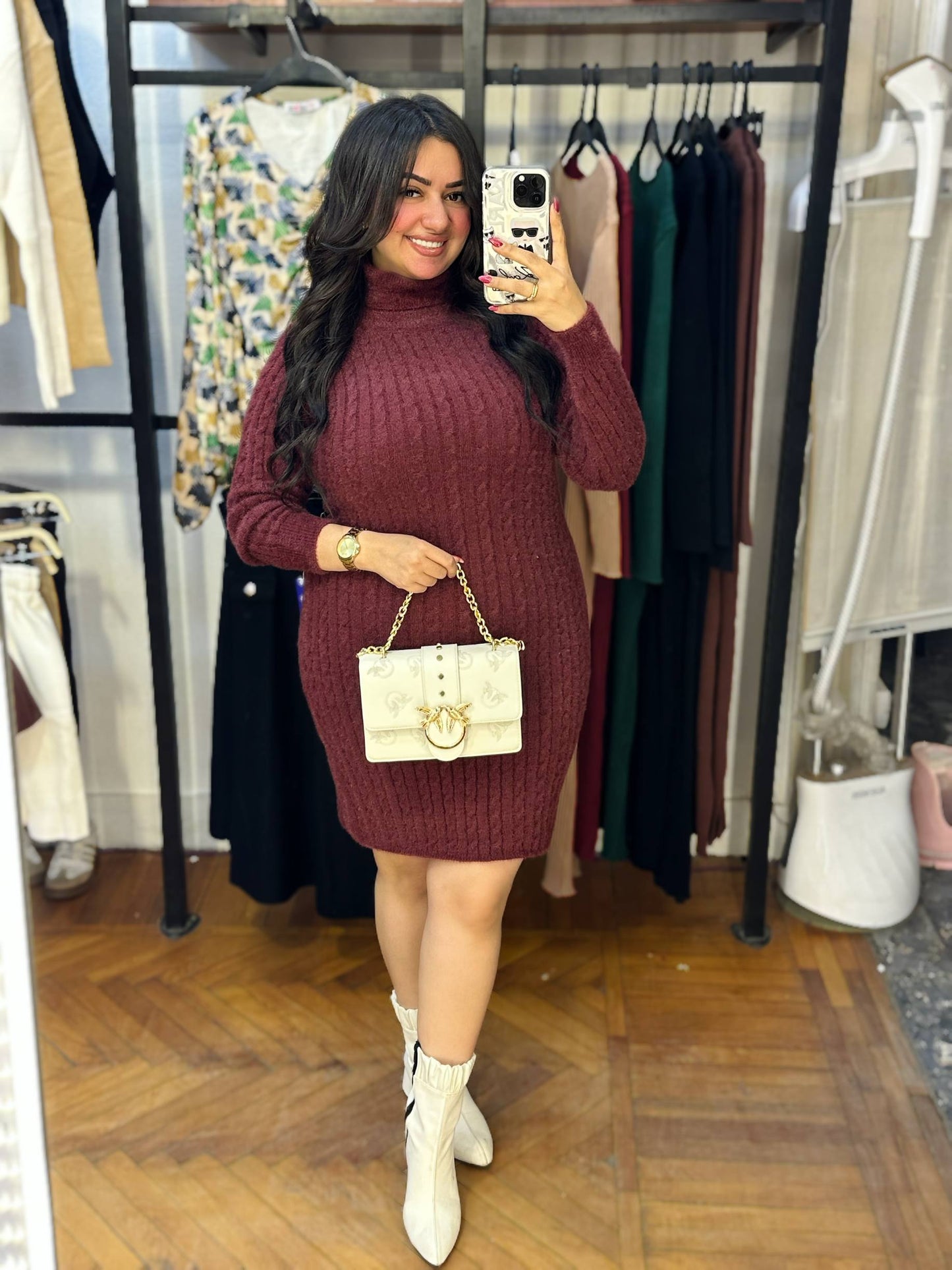 High Neck Cable Knit Mini Dress