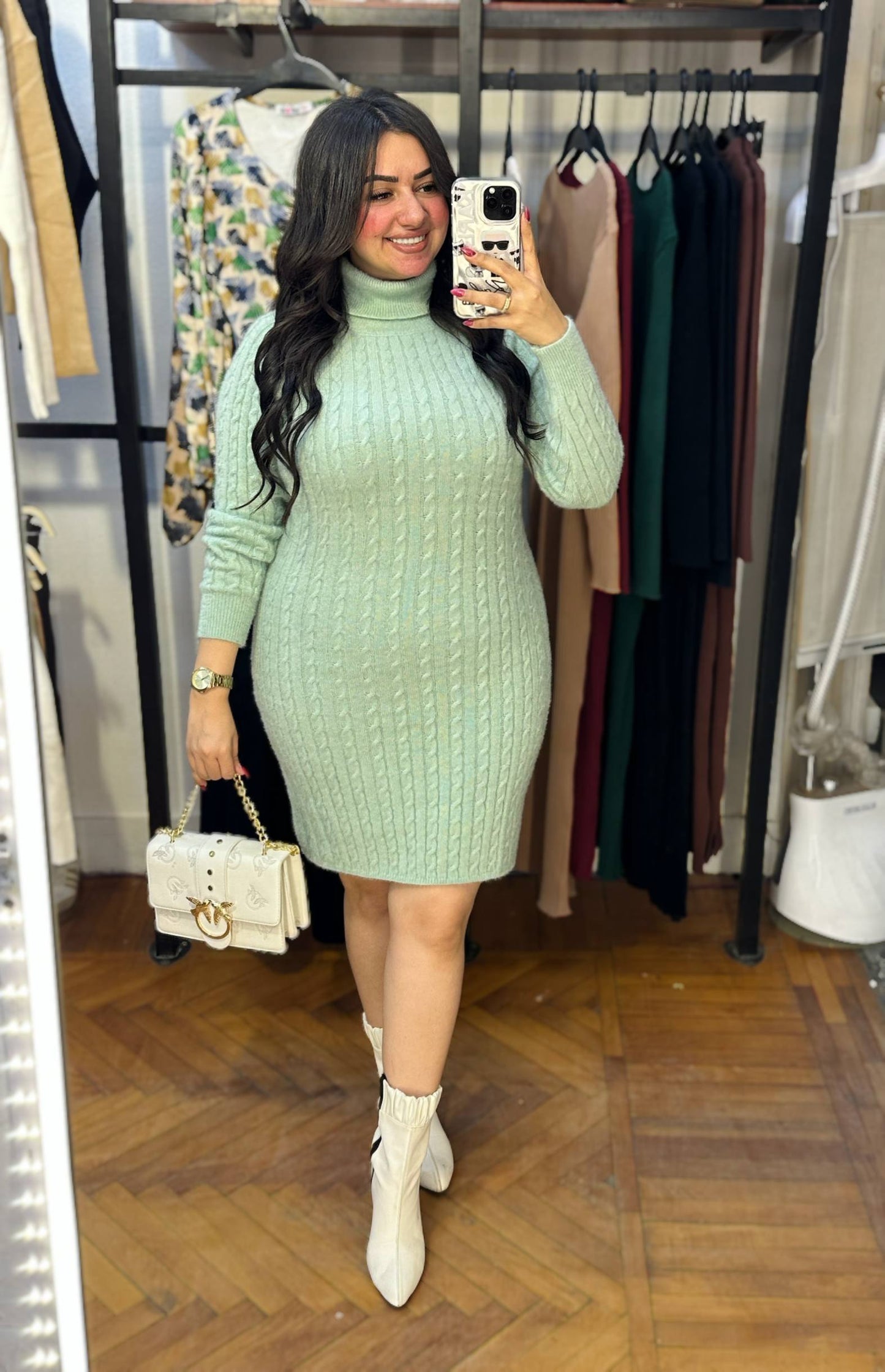 High Neck Cable Knit Mini Dress