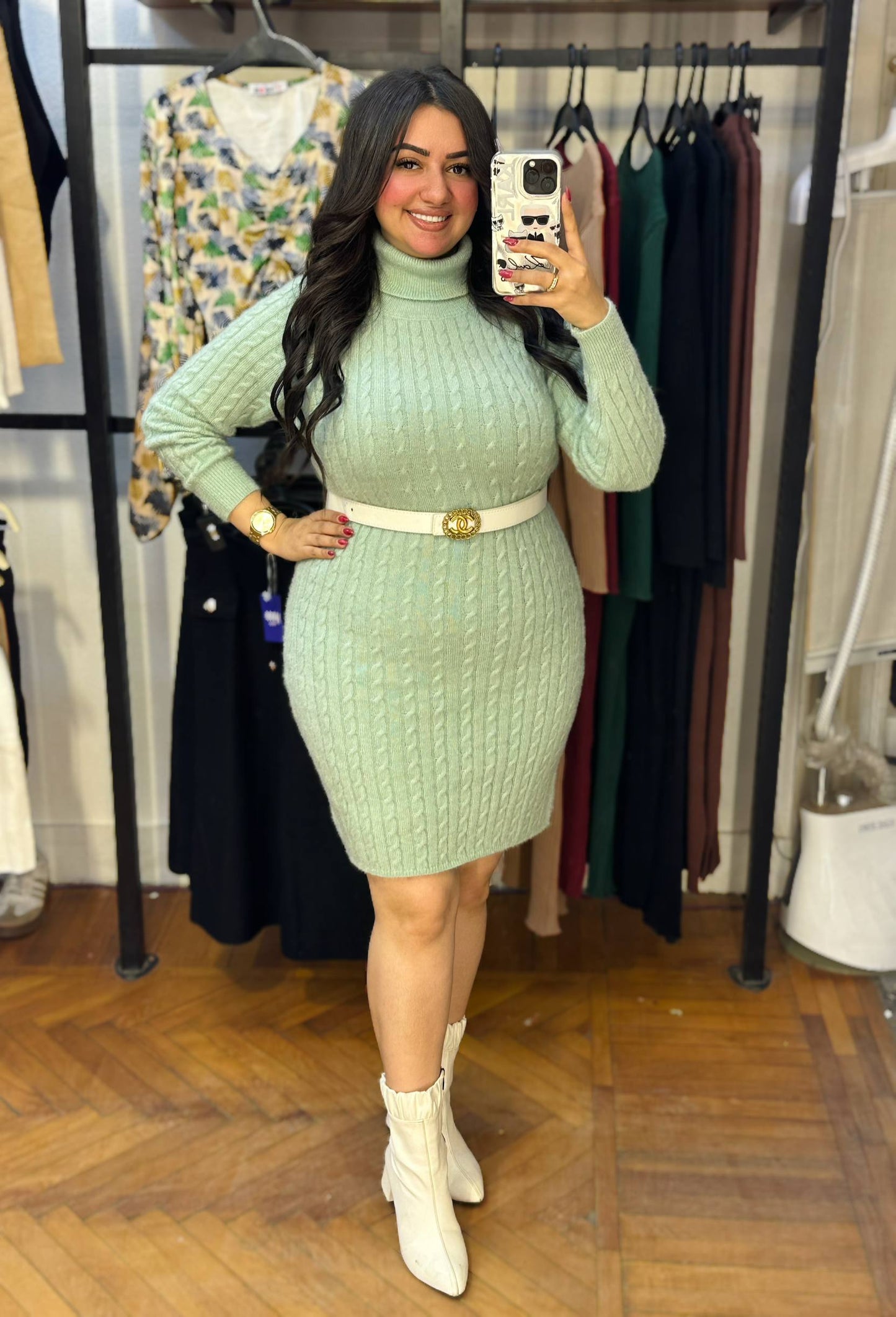 High Neck Cable Knit Mini Dress