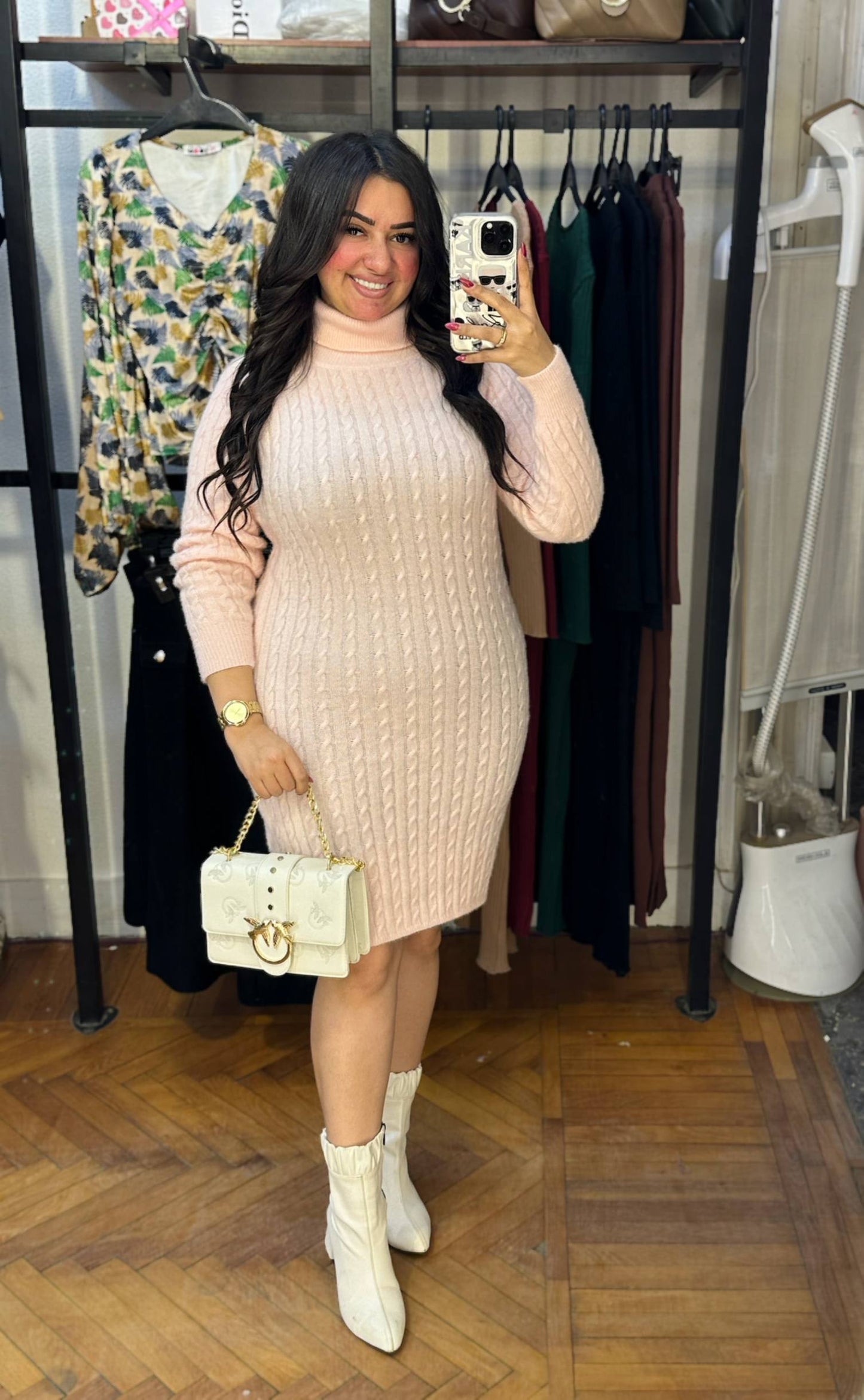 High Neck Cable Knit Mini Dress
