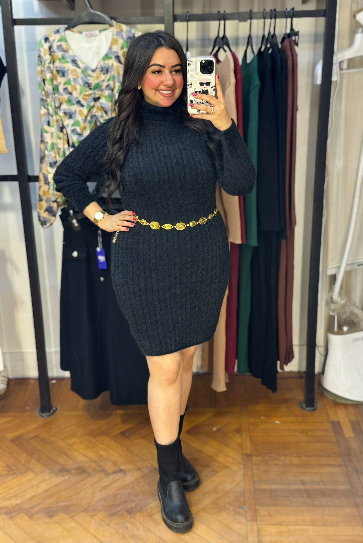 High Neck Cable Knit Mini Dress