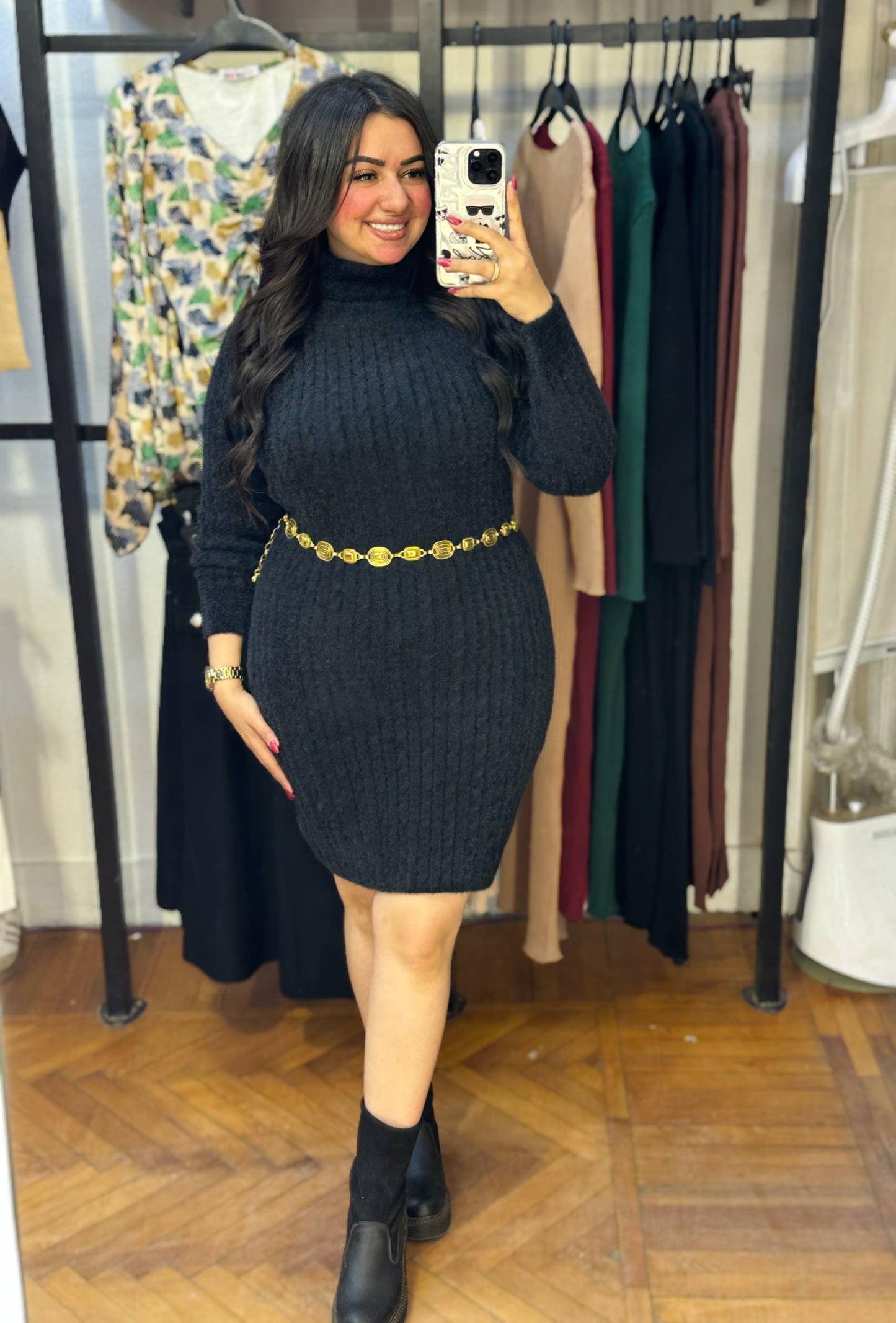 High Neck Cable Knit Mini Dress