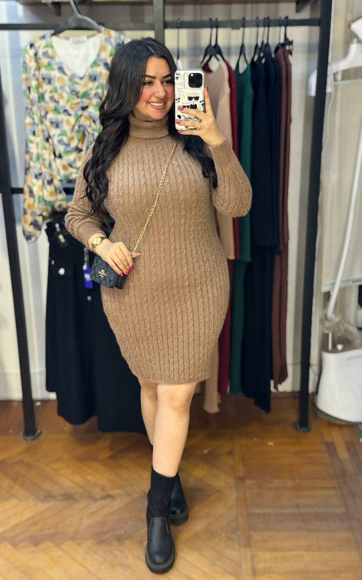 High Neck Cable Knit Mini Dress