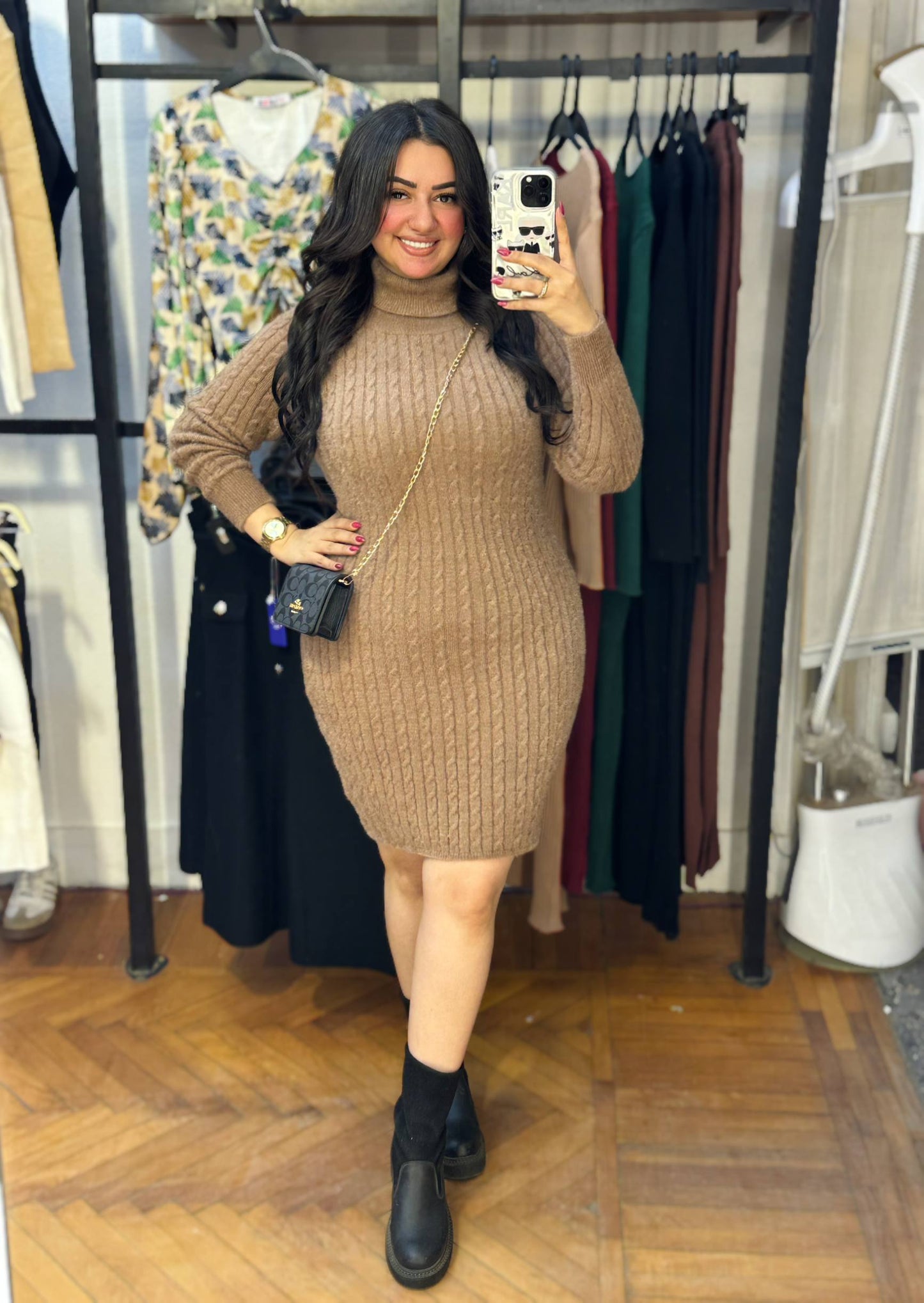High Neck Cable Knit Mini Dress