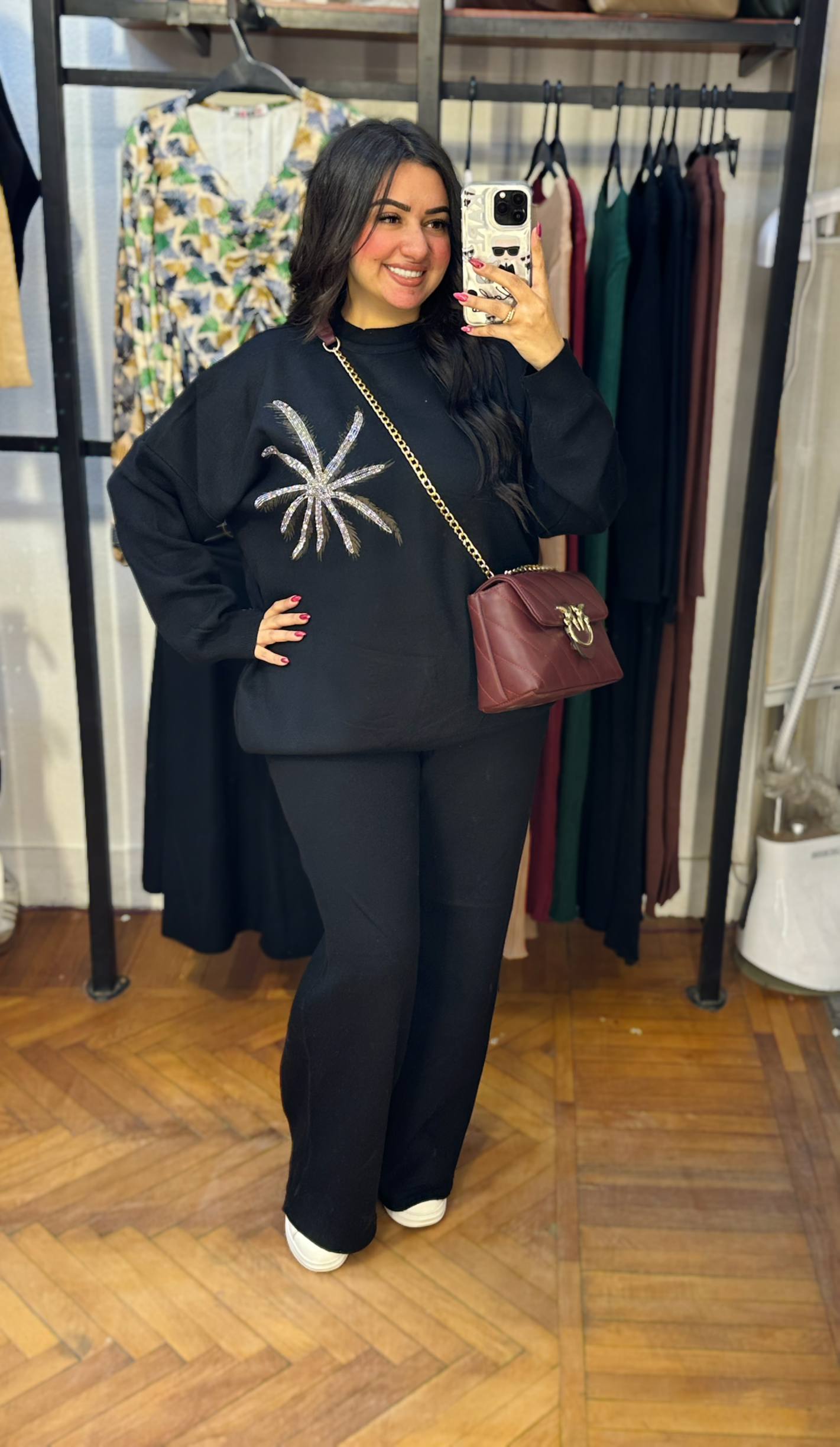 Oversized Knit Set with Rhinestone Floral Detail