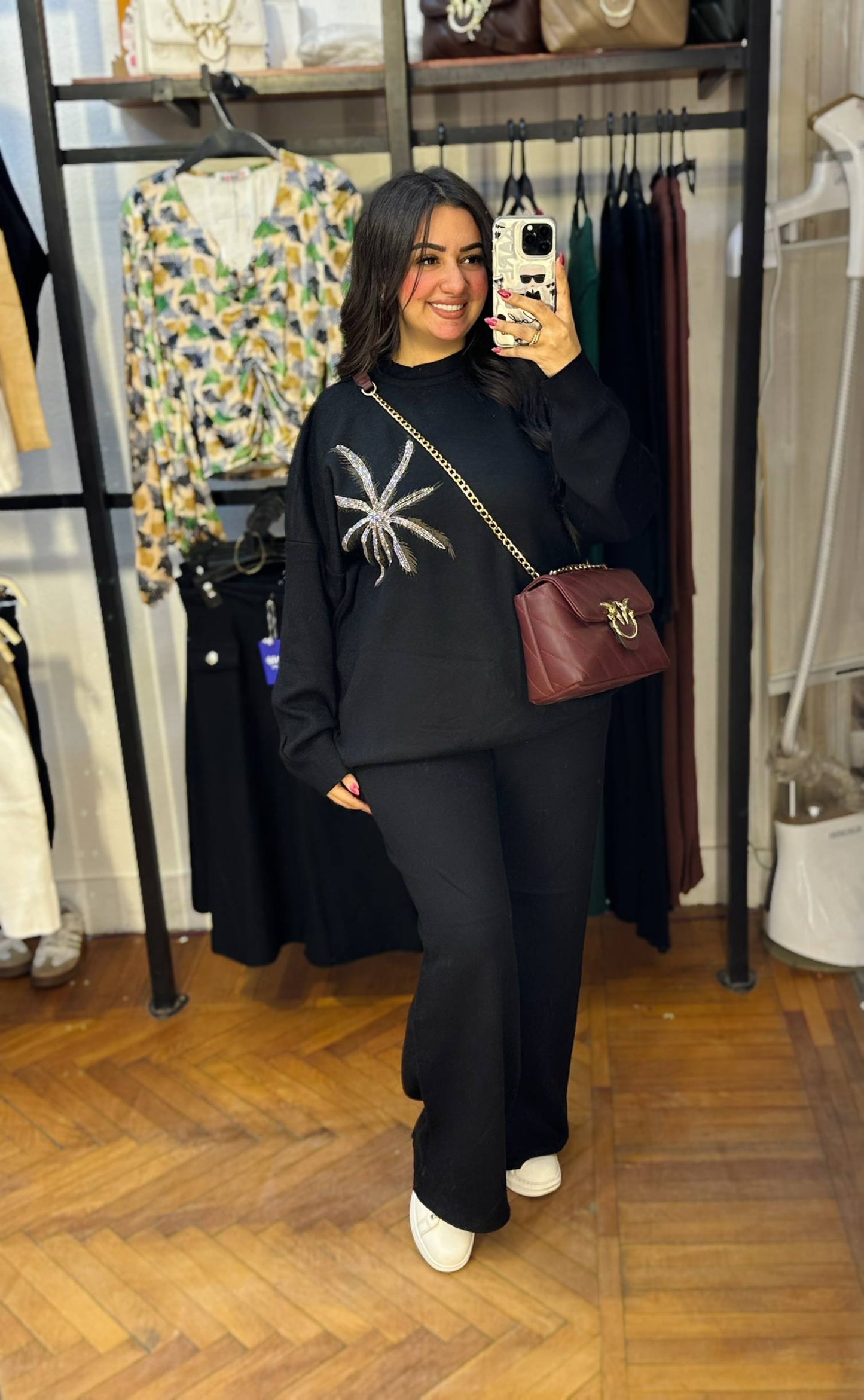 Oversized Knit Set with Rhinestone Floral Detail