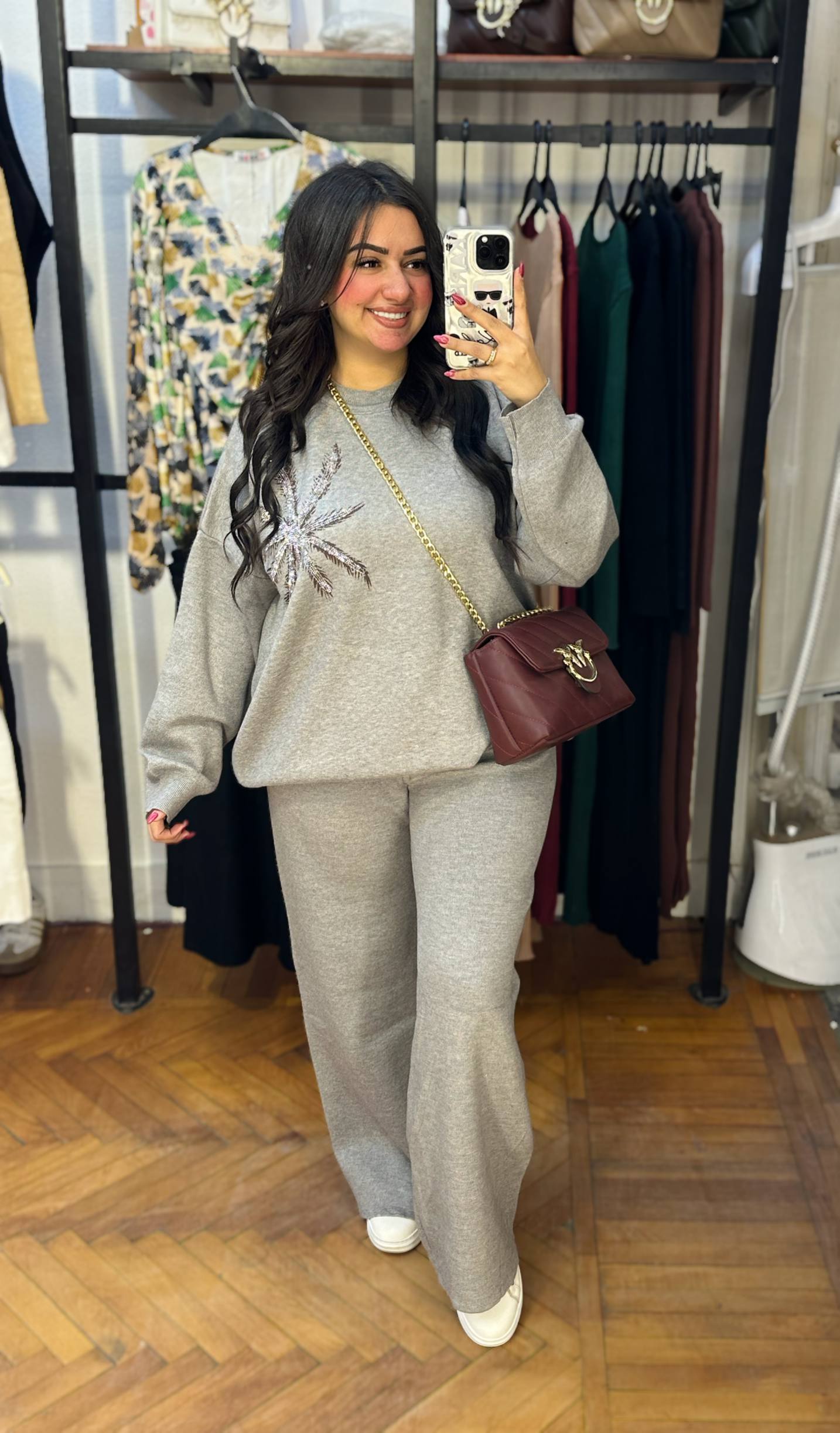 Oversized Knit Set with Rhinestone Floral Detail