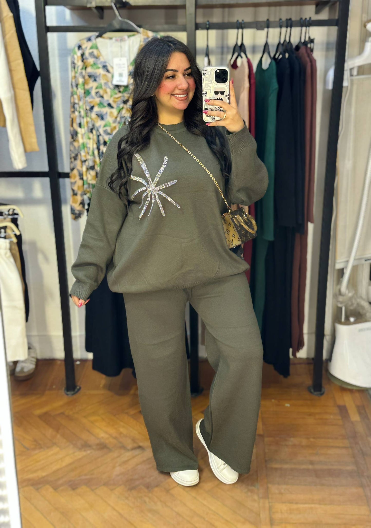 Oversized Knit Set with Rhinestone Floral Detail