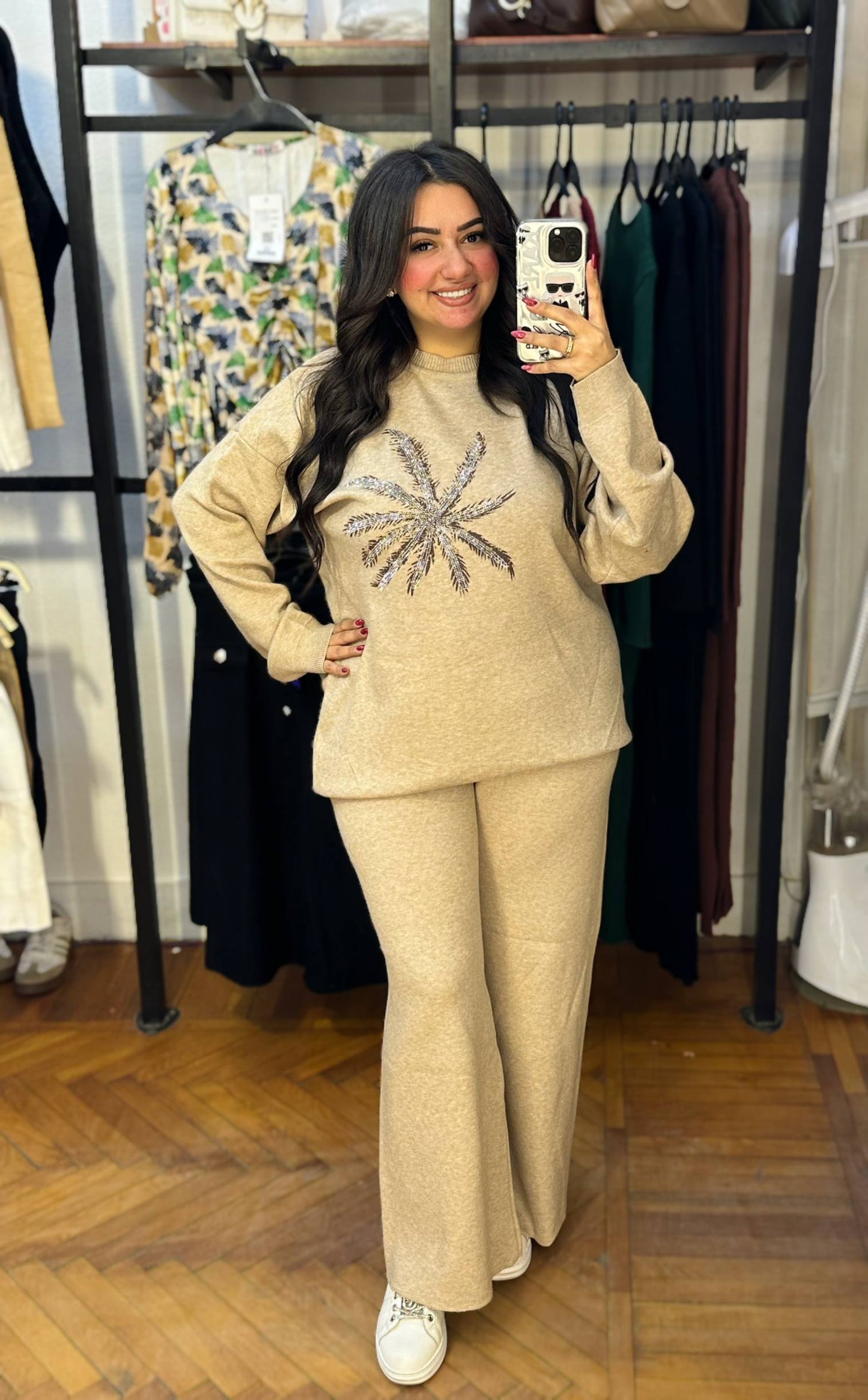 Oversized Knit Set with Rhinestone Floral Detail