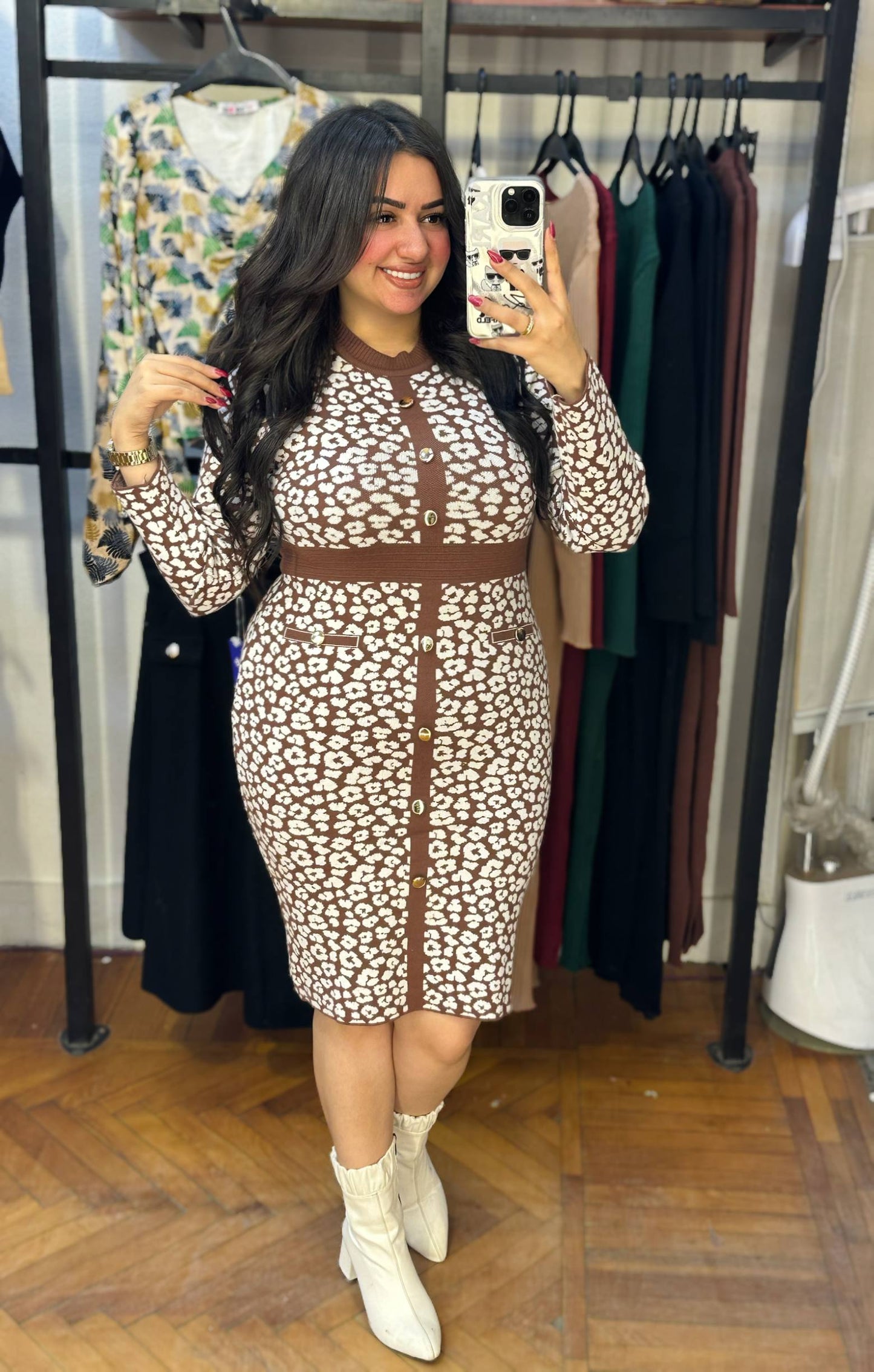 Tiger Print Bodycon Midi Dress with Button Front