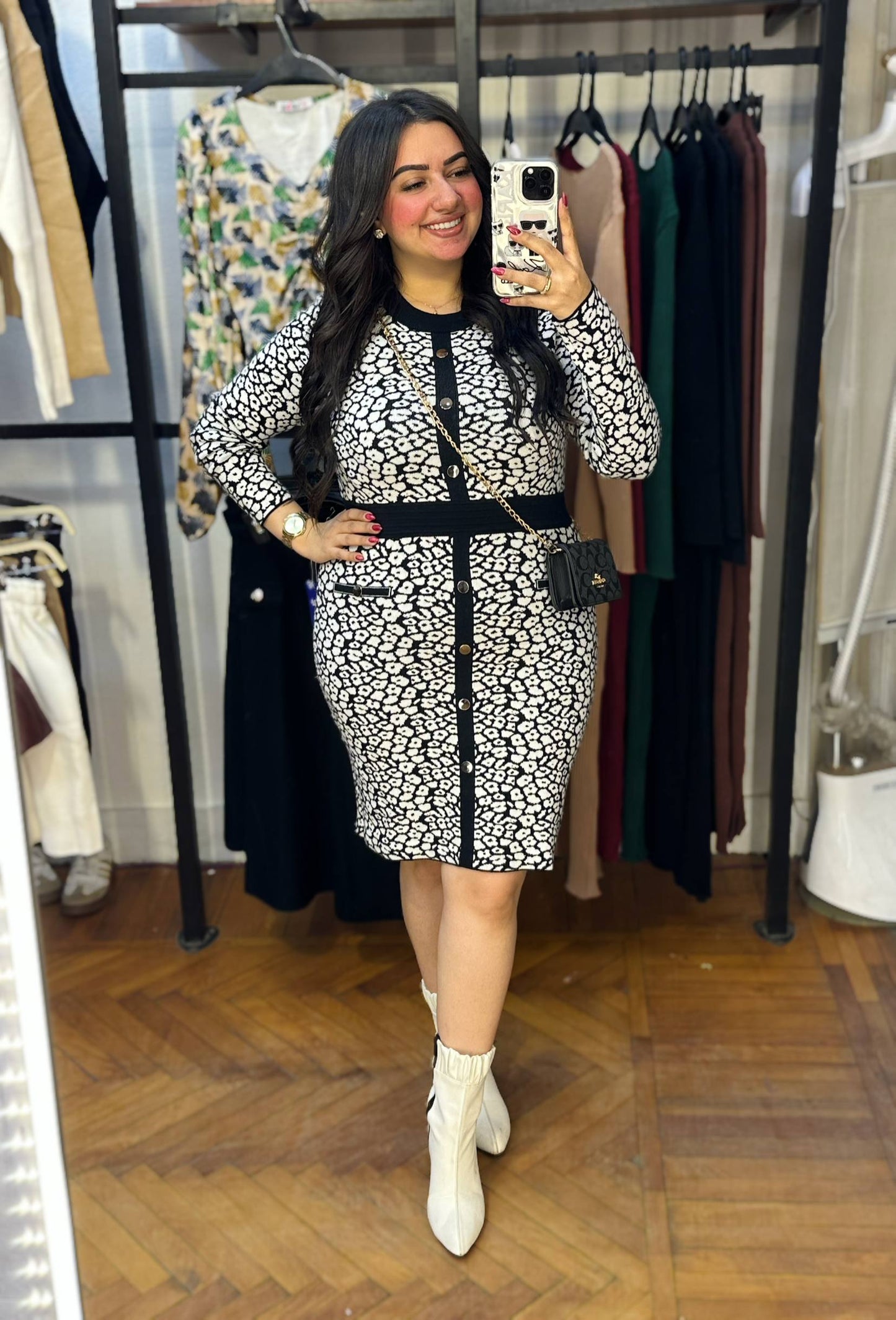 Tiger Print Bodycon Midi Dress with Button Front