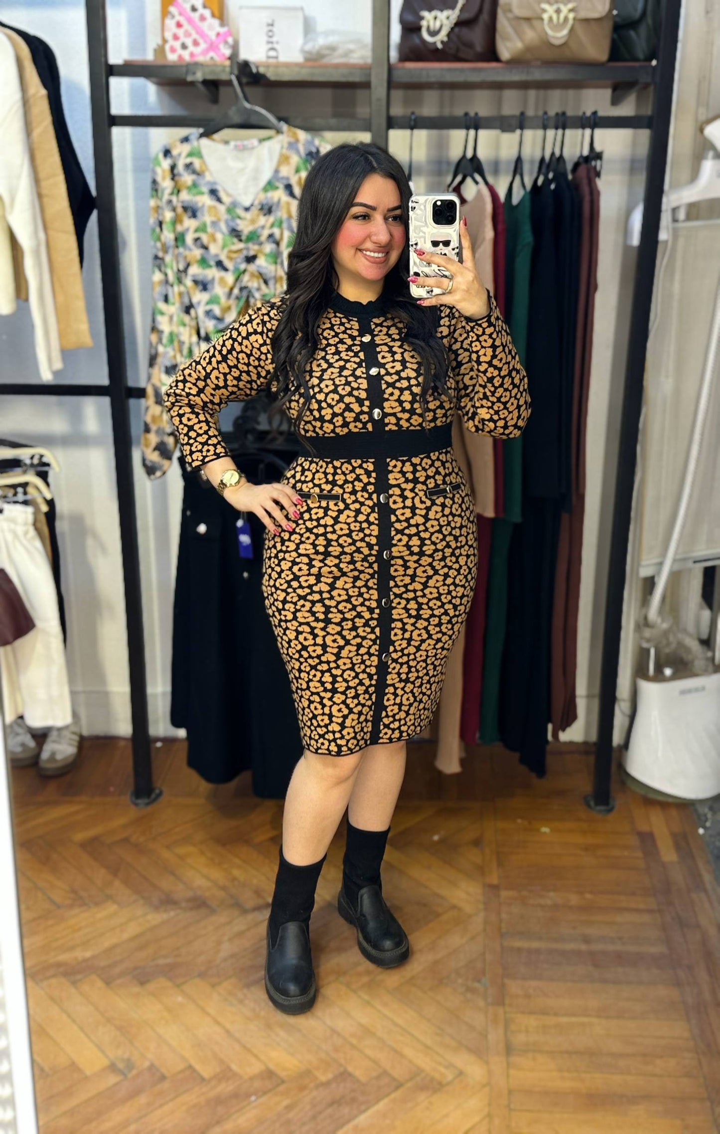 Tiger Print Bodycon Midi Dress with Button Front