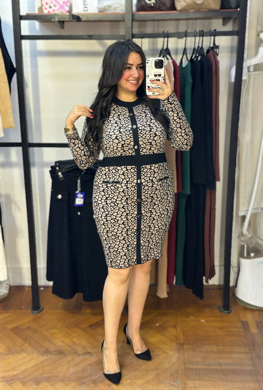 Tiger Print Bodycon Midi Dress with Button Front
