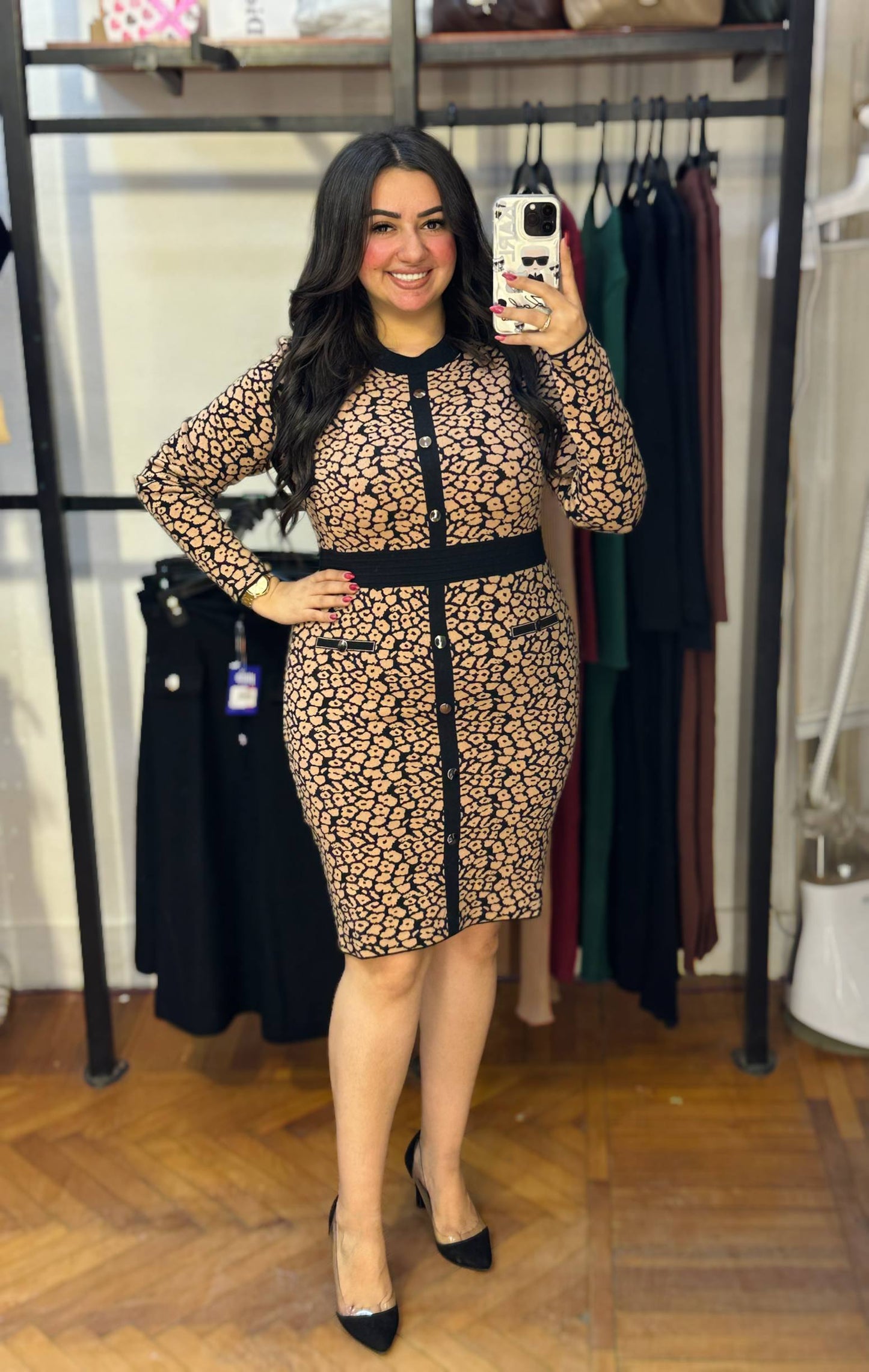 Tiger Print Bodycon Midi Dress with Button Front