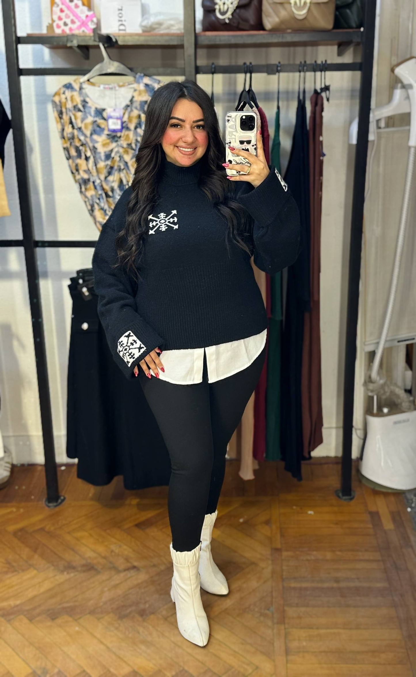 High Neck Knit Pullover with Patterned Details