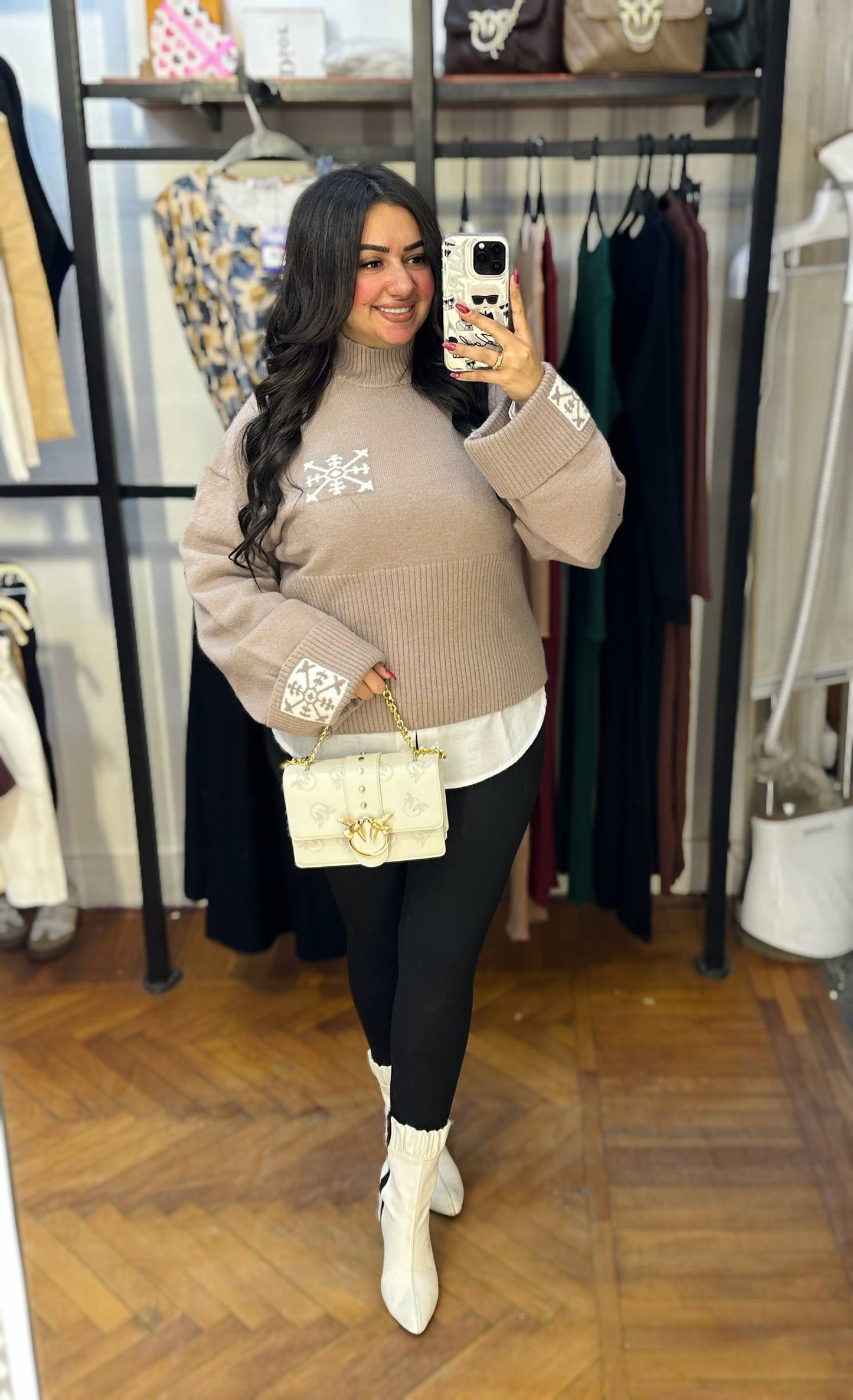High Neck Knit Pullover with Patterned Details