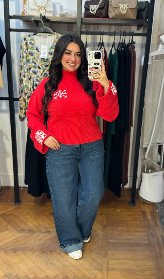 High Neck Knit Pullover with Patterned Details
