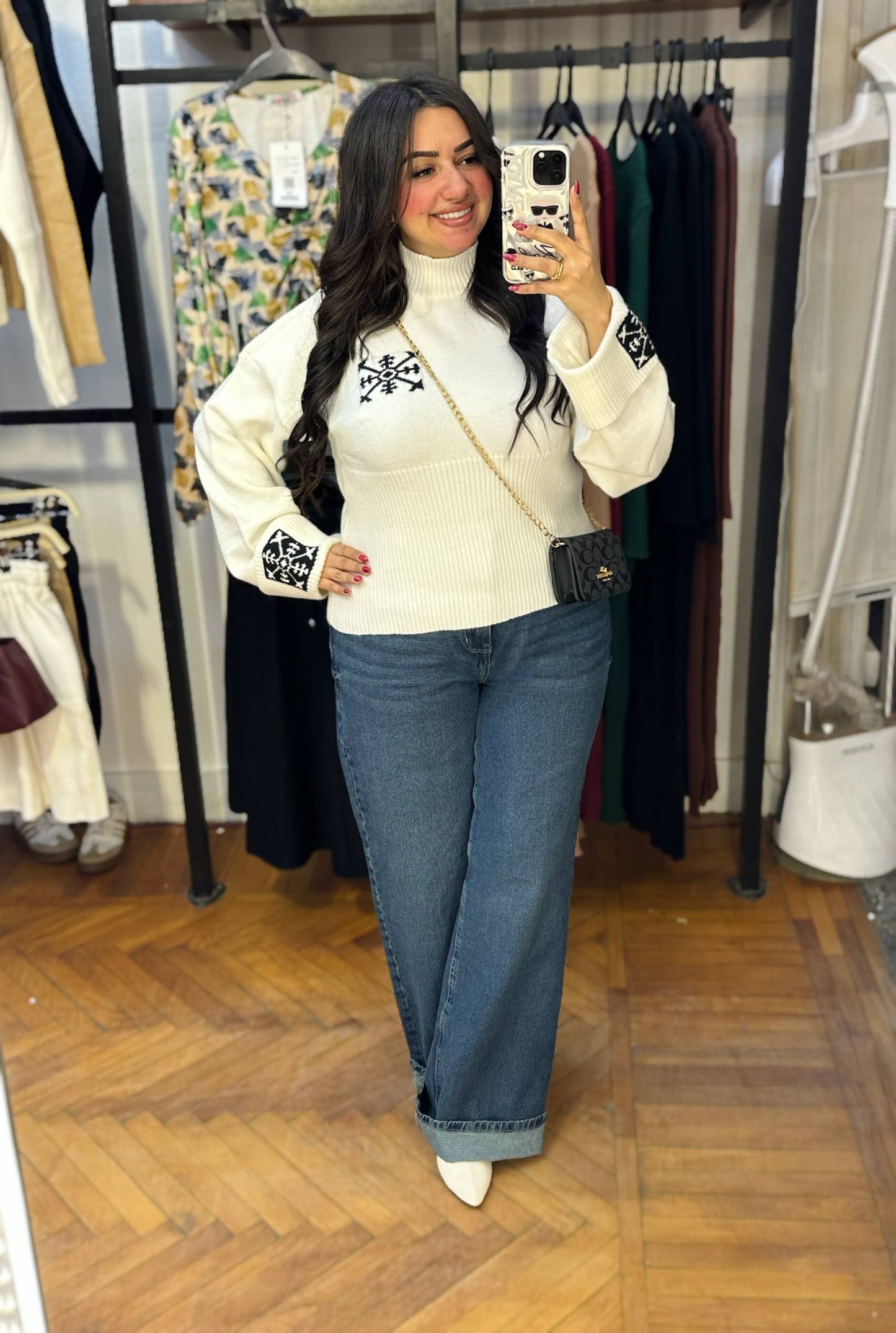High Neck Knit Pullover with Patterned Details