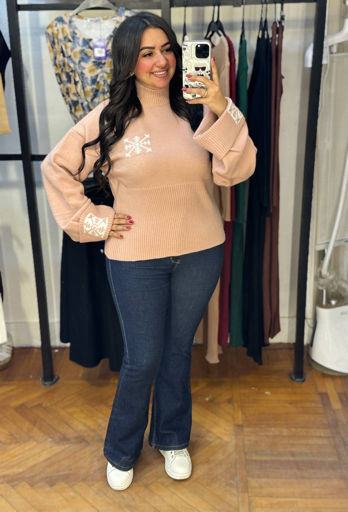 High Neck Knit Pullover with Patterned Details