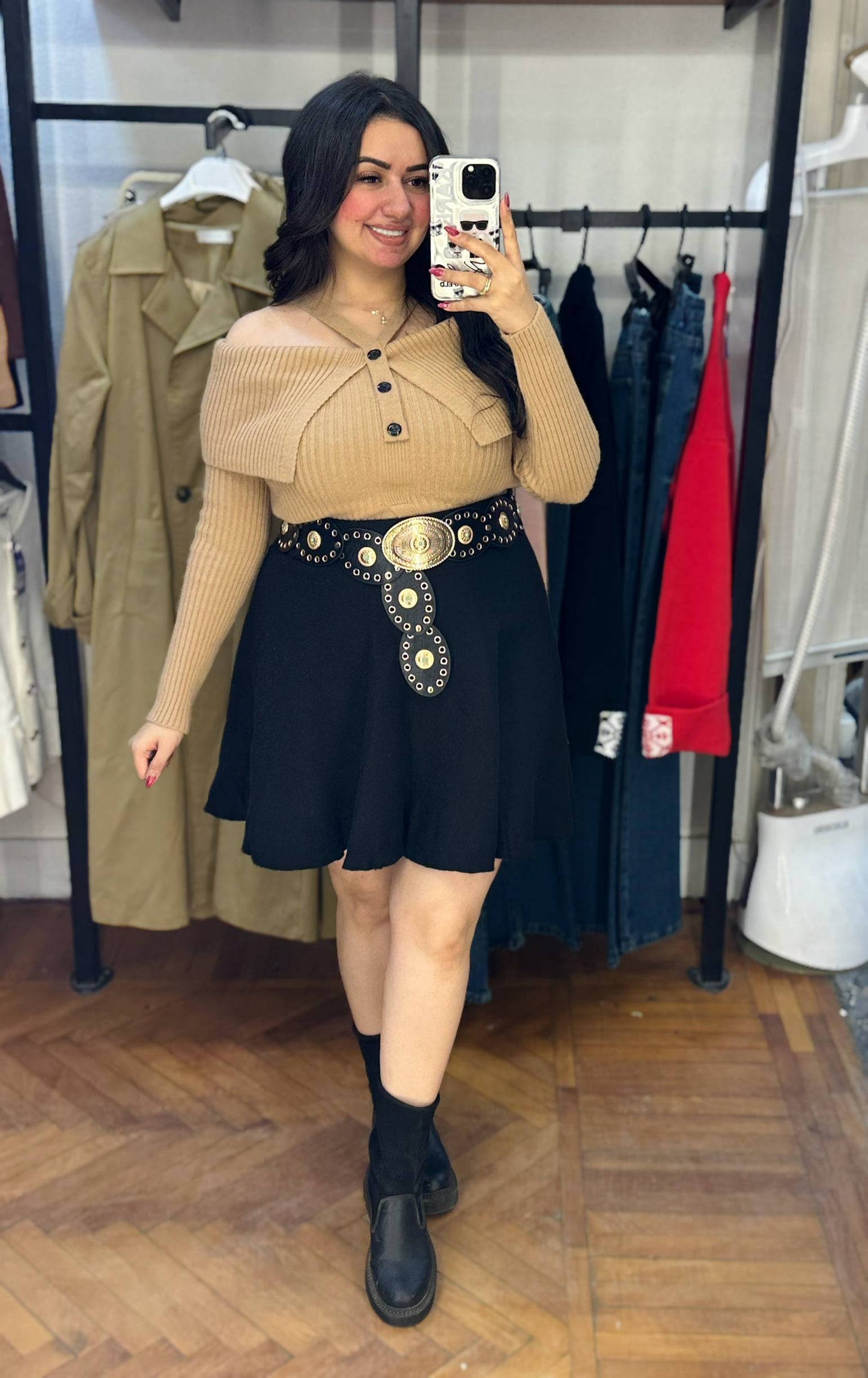 Ribbed Off-Shoulder Knit Blouse with Button Detail