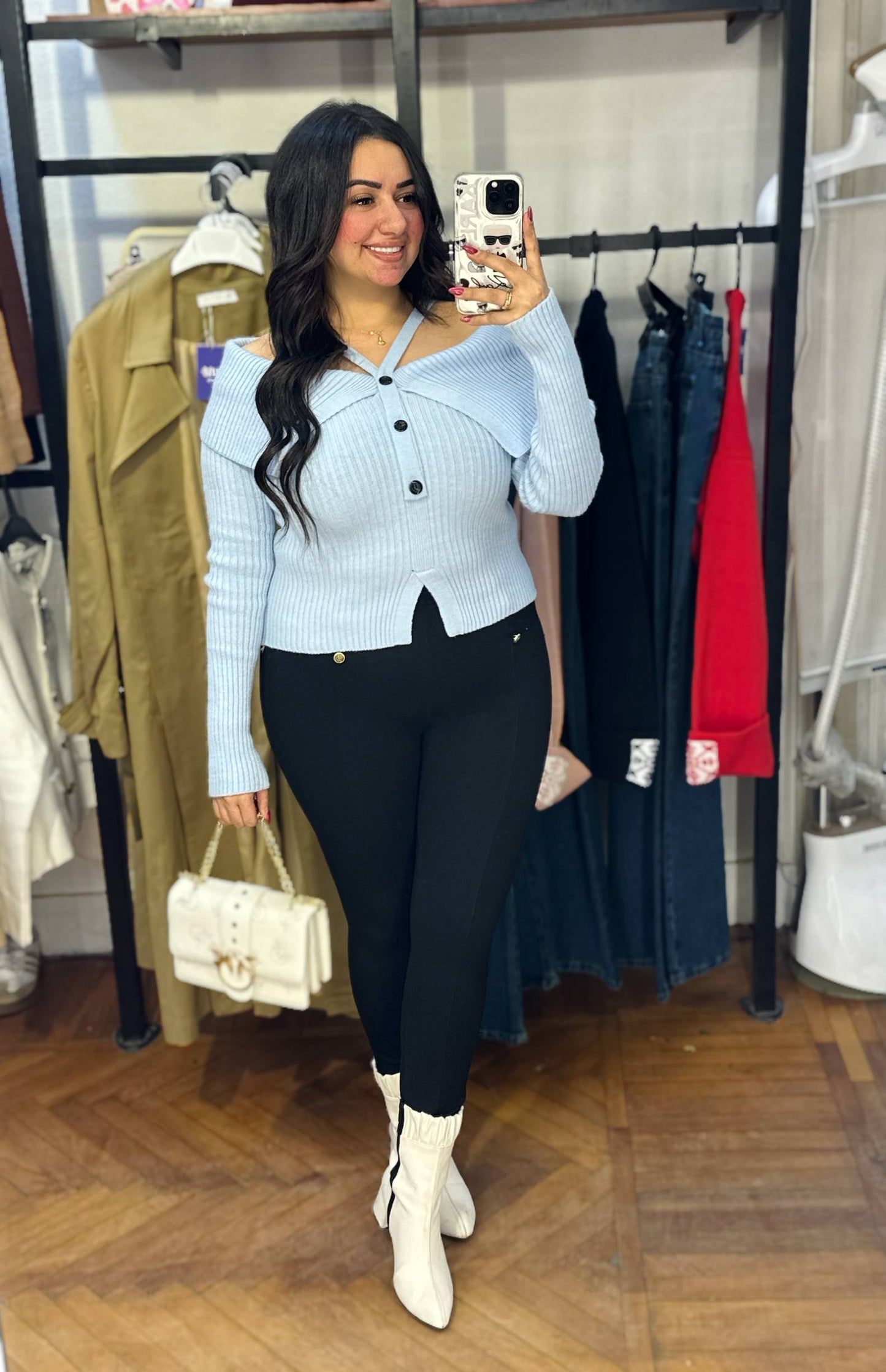 Ribbed Off-Shoulder Knit Blouse with Button Detail