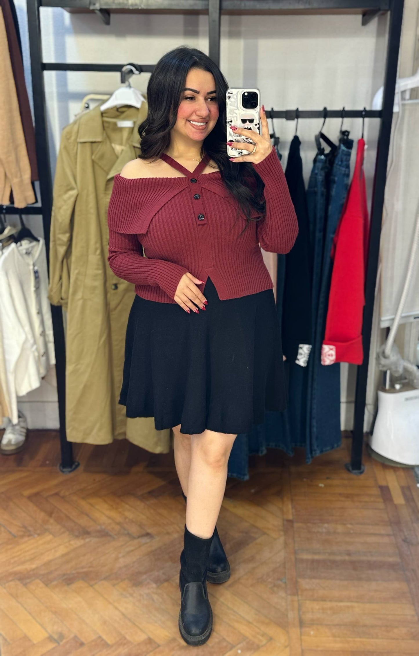 Ribbed Off-Shoulder Knit Blouse with Button Detail