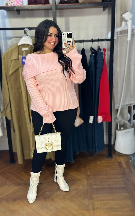 Ribbed Knit Sweater with Convertible Shoulder Neckline