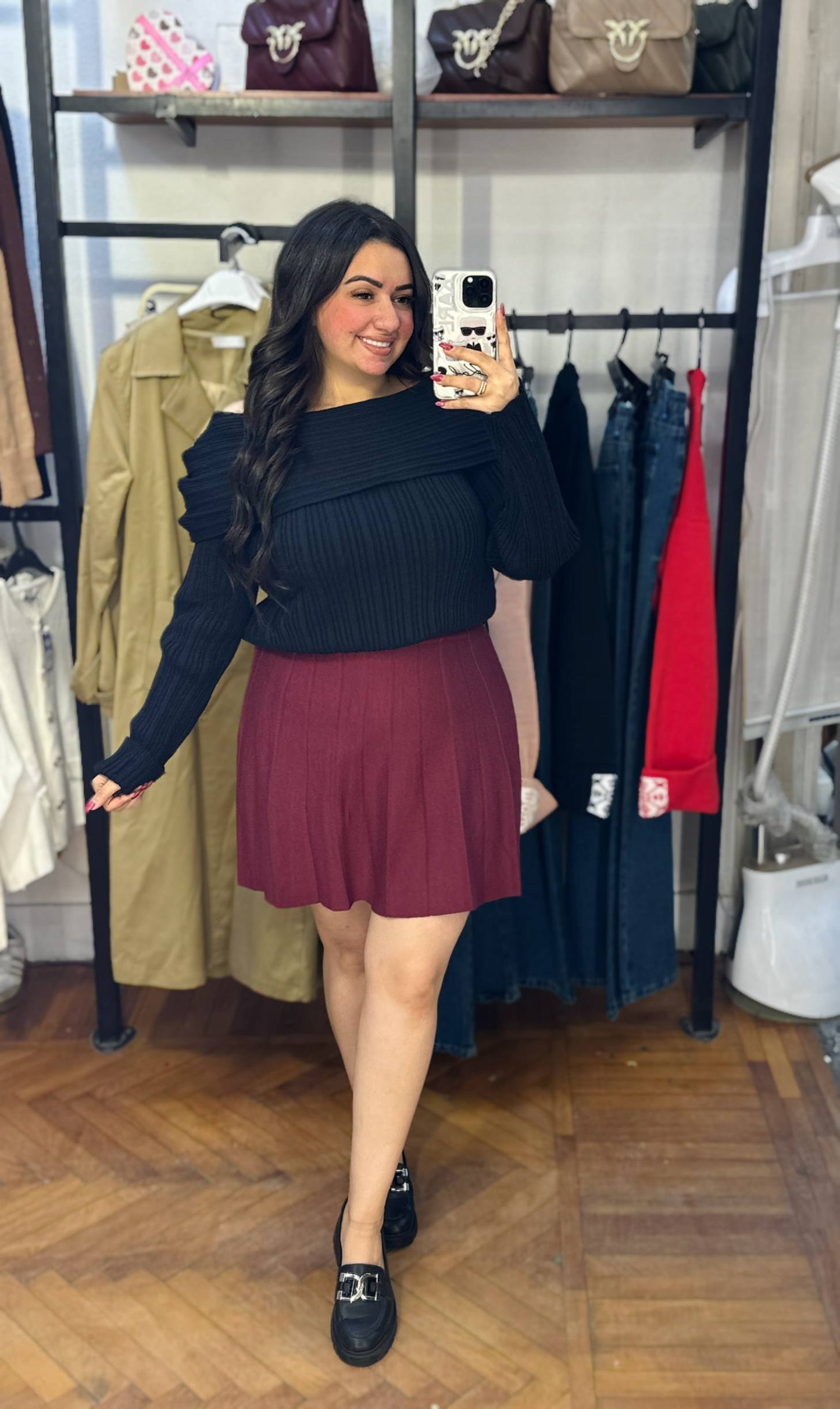 Ribbed Knit Sweater with Convertible Shoulder Neckline