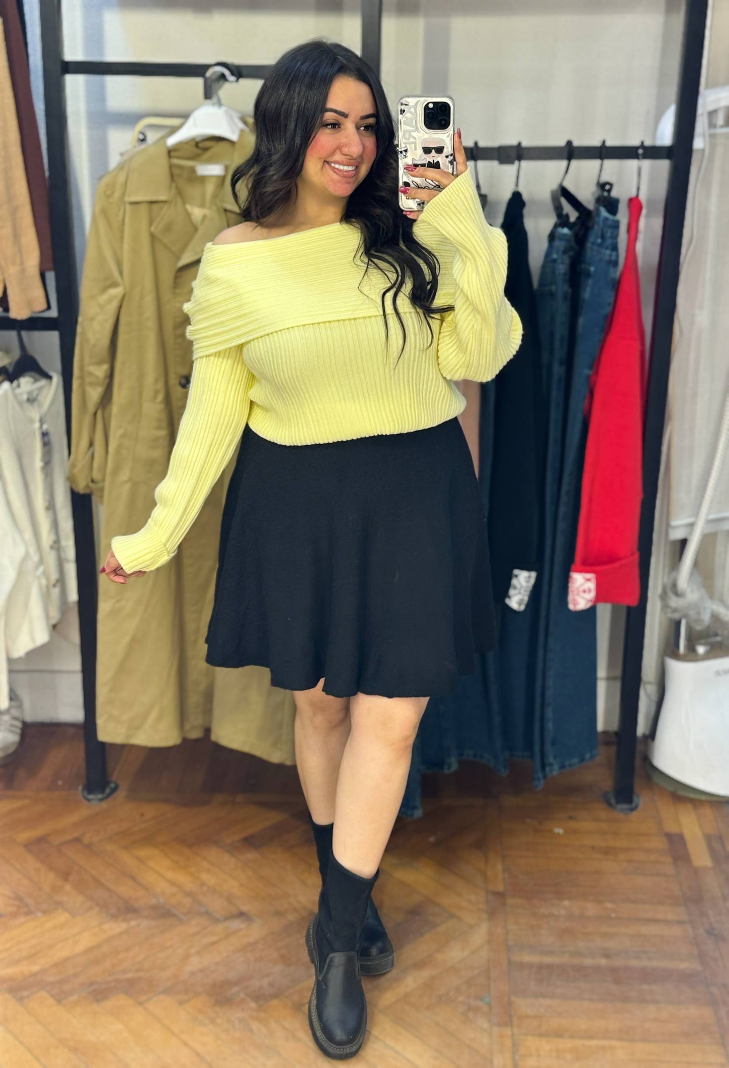 Ribbed Knit Sweater with Convertible Shoulder Neckline