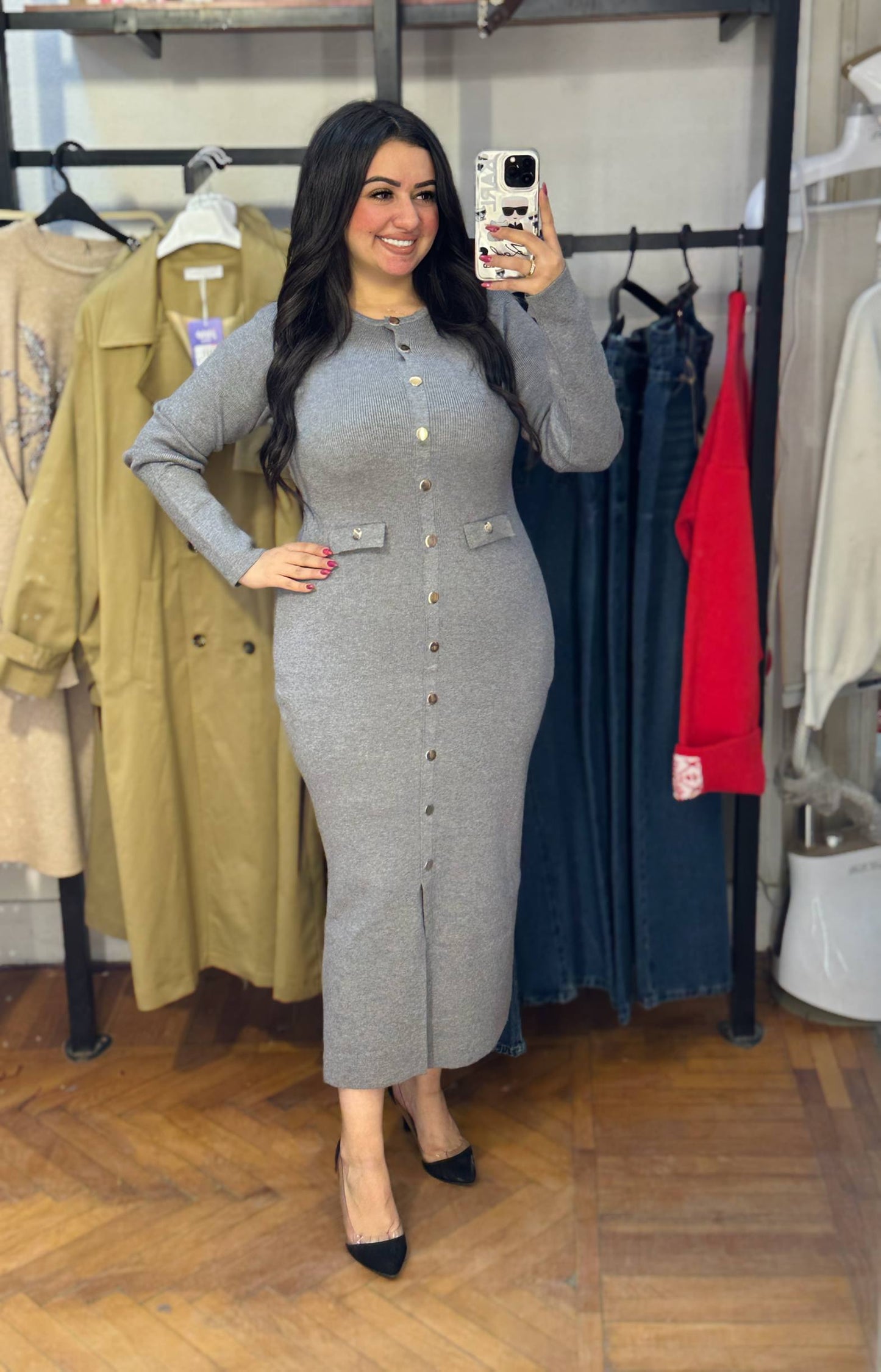 Knit Dress with Decorative Gold Buttons