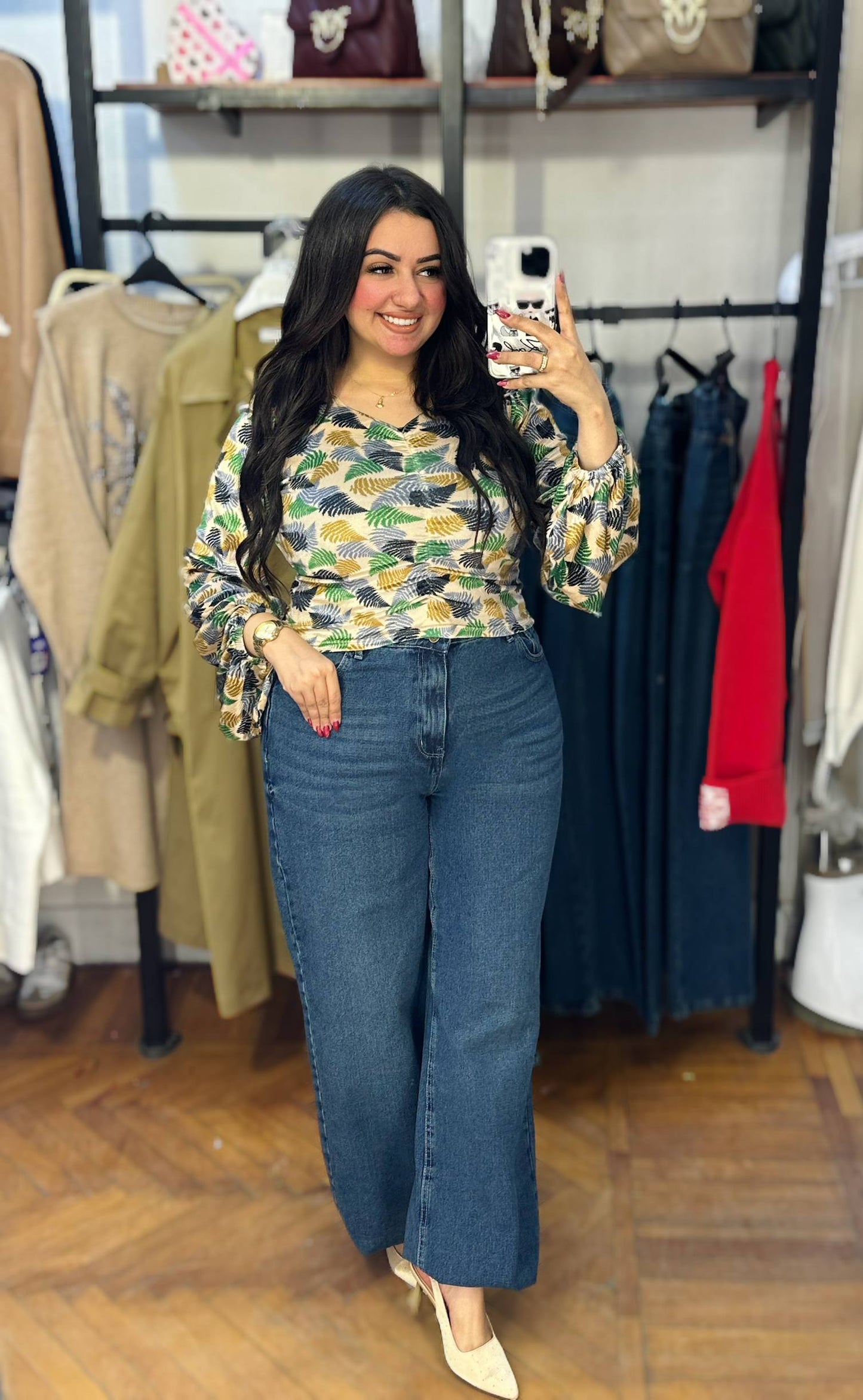 Patterned Velvet Blouse with Front Ruffles