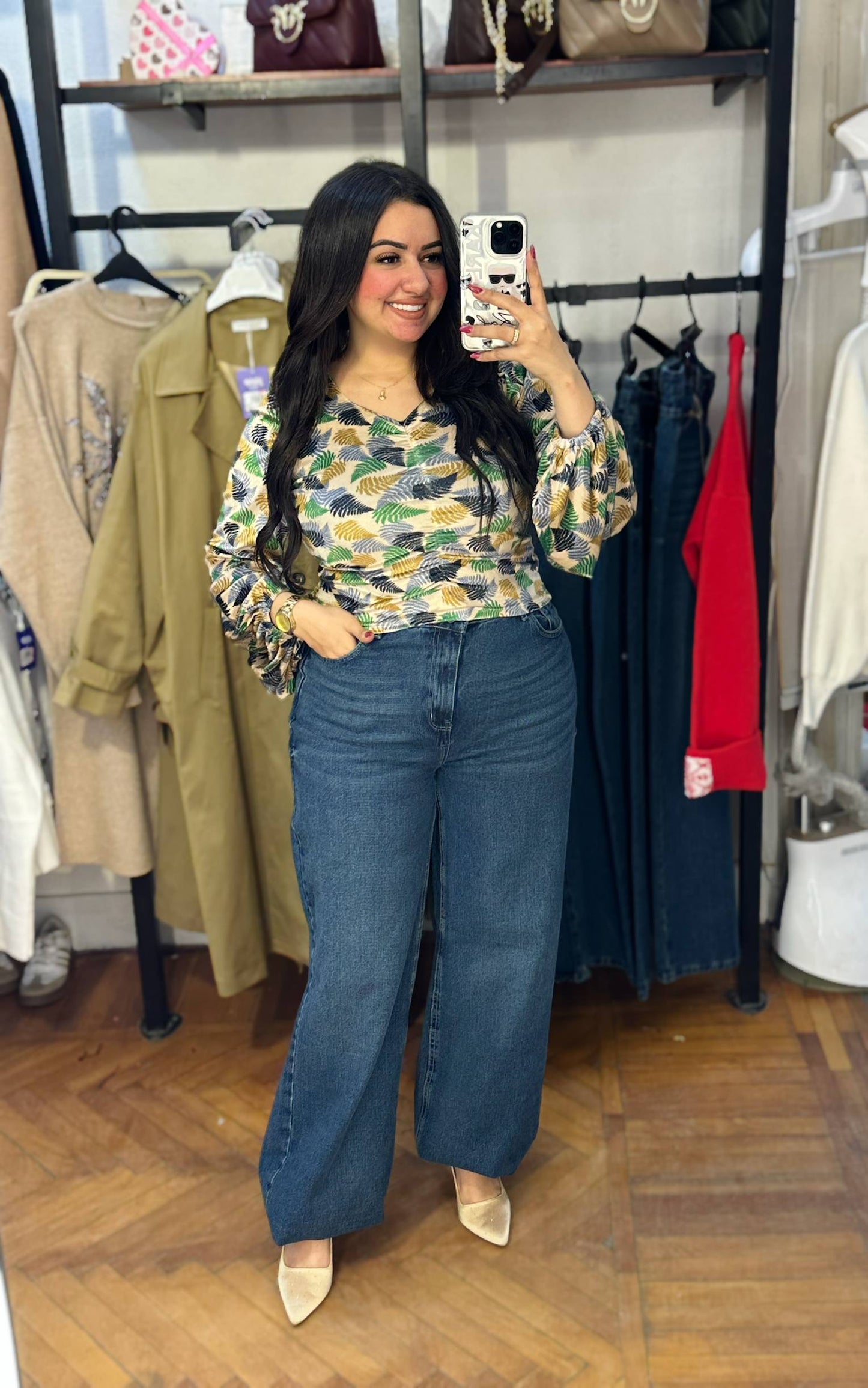 Patterned Velvet Blouse with Front Ruffles