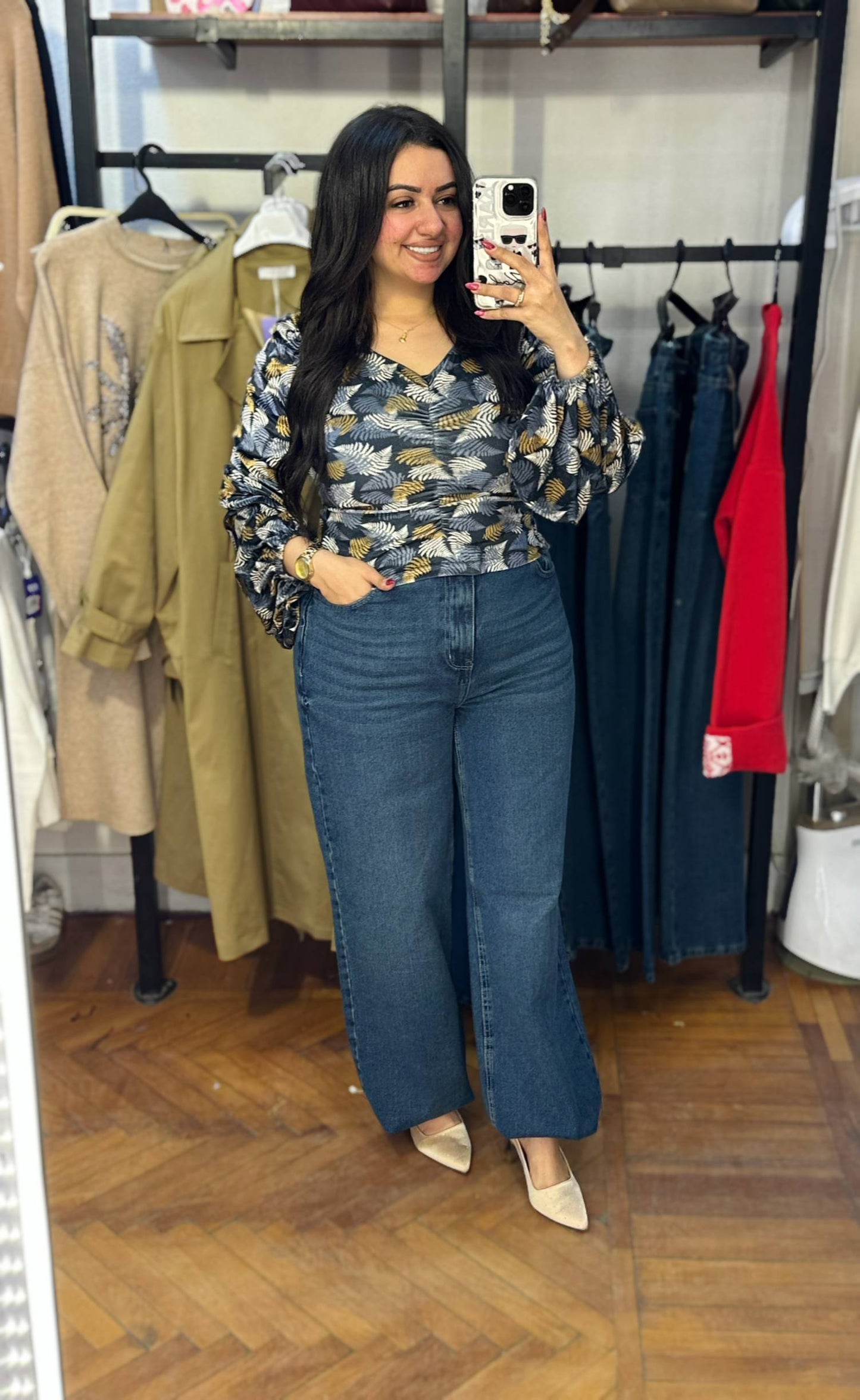 Patterned Velvet Blouse with Front Ruffles
