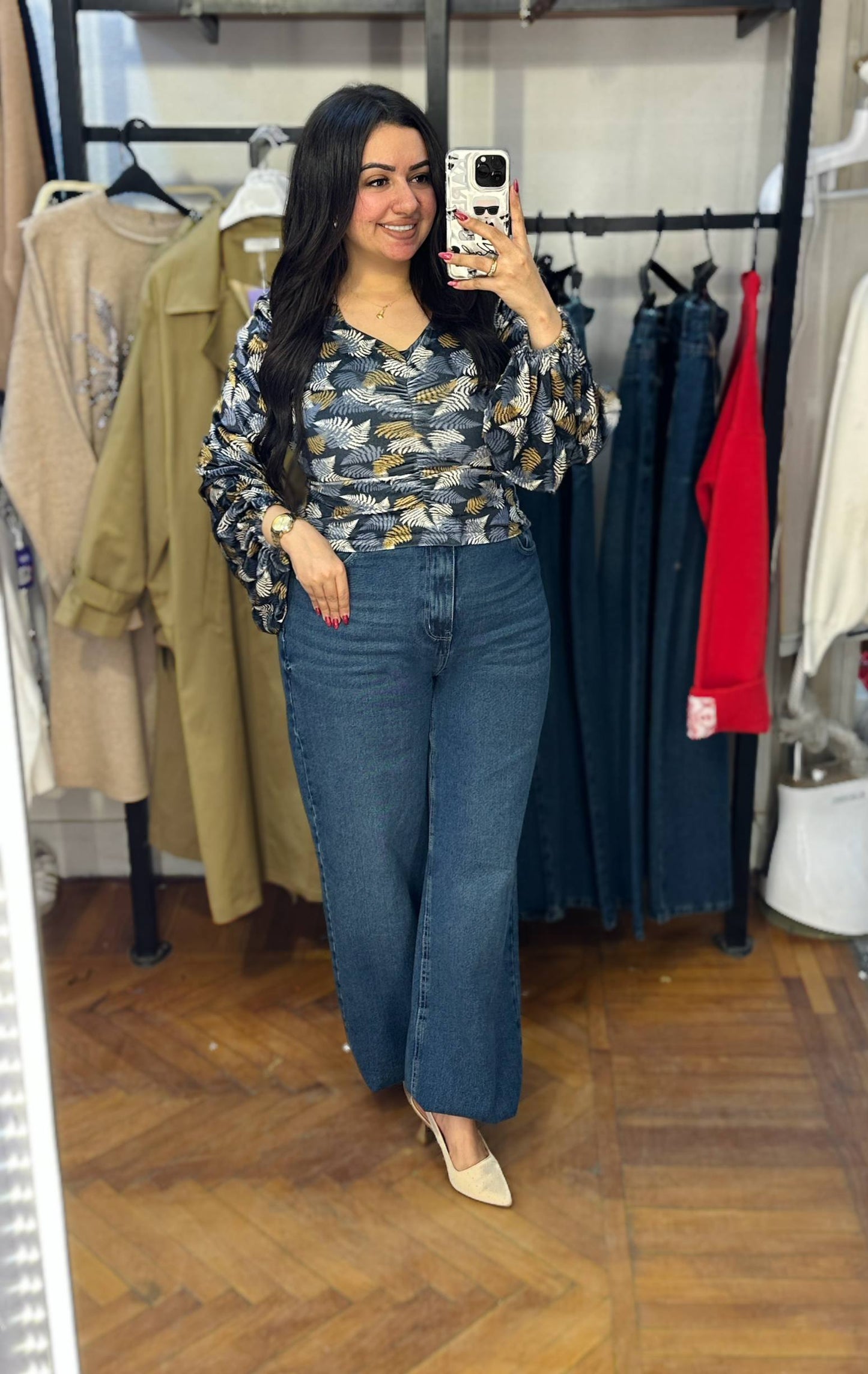 Patterned Velvet Blouse with Front Ruffles