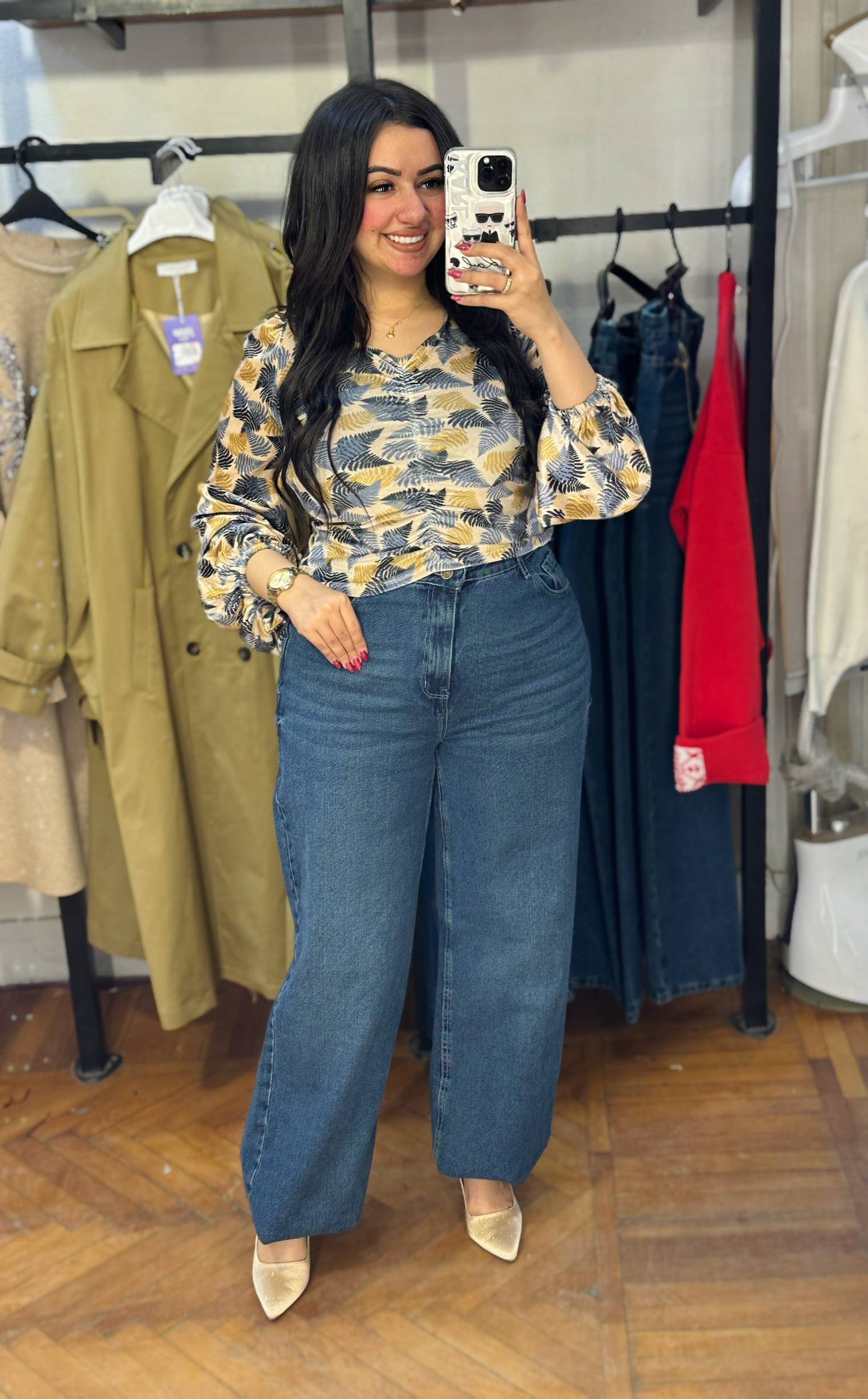 Patterned Velvet Blouse with Front Ruffles