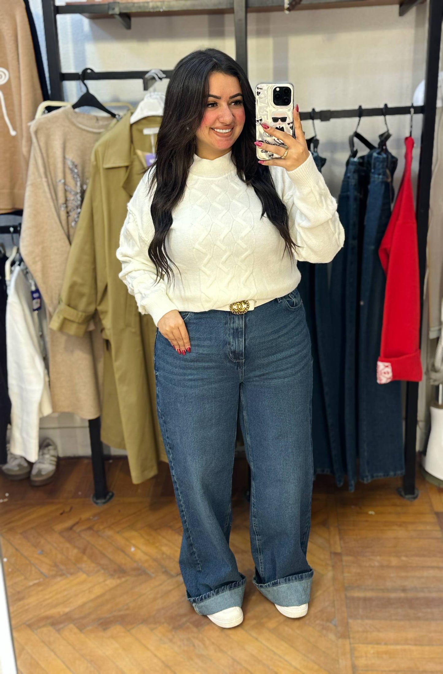Cable Knit Front Sweater with Patterned Sleeves