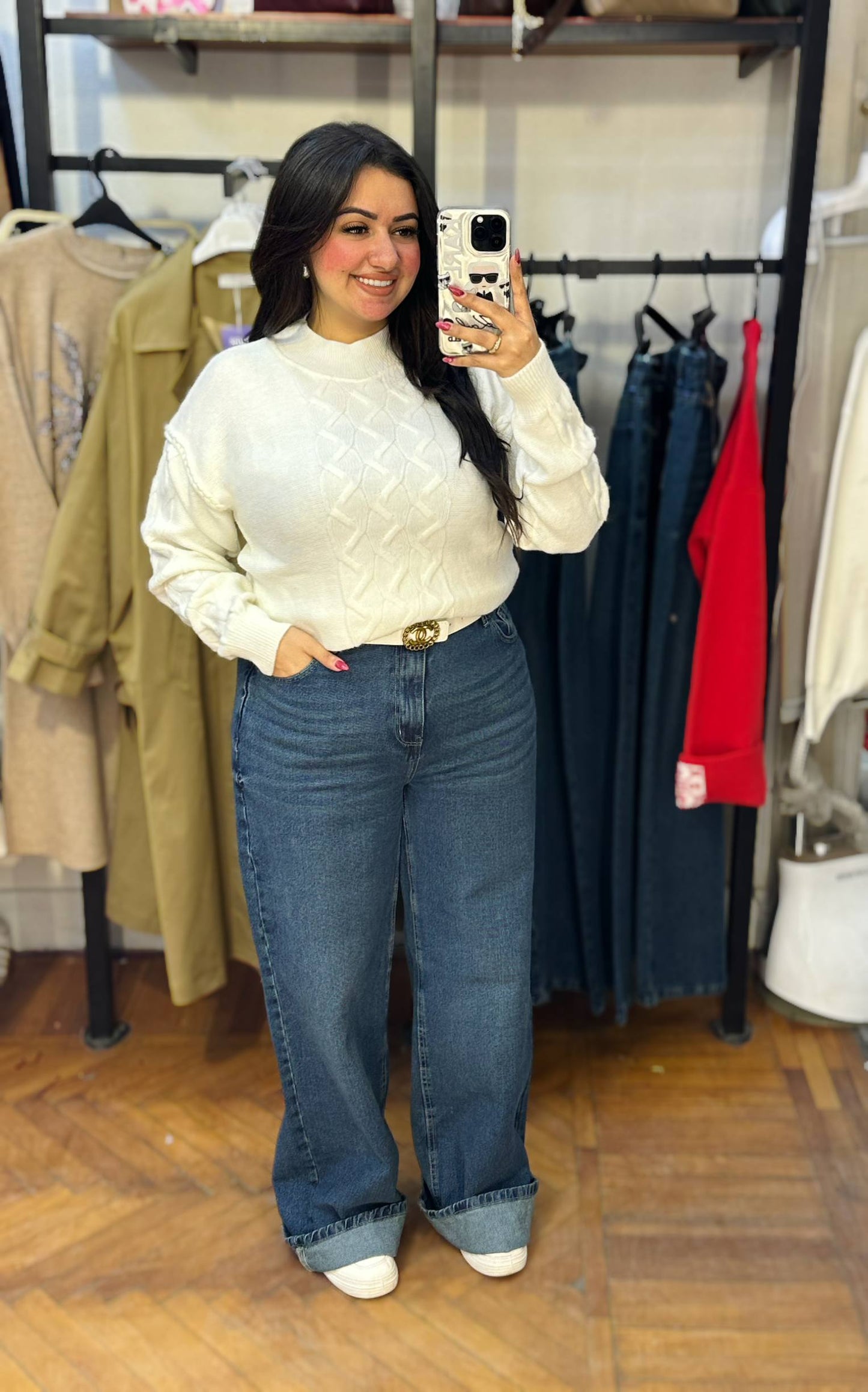 Cable Knit Front Sweater with Patterned Sleeves