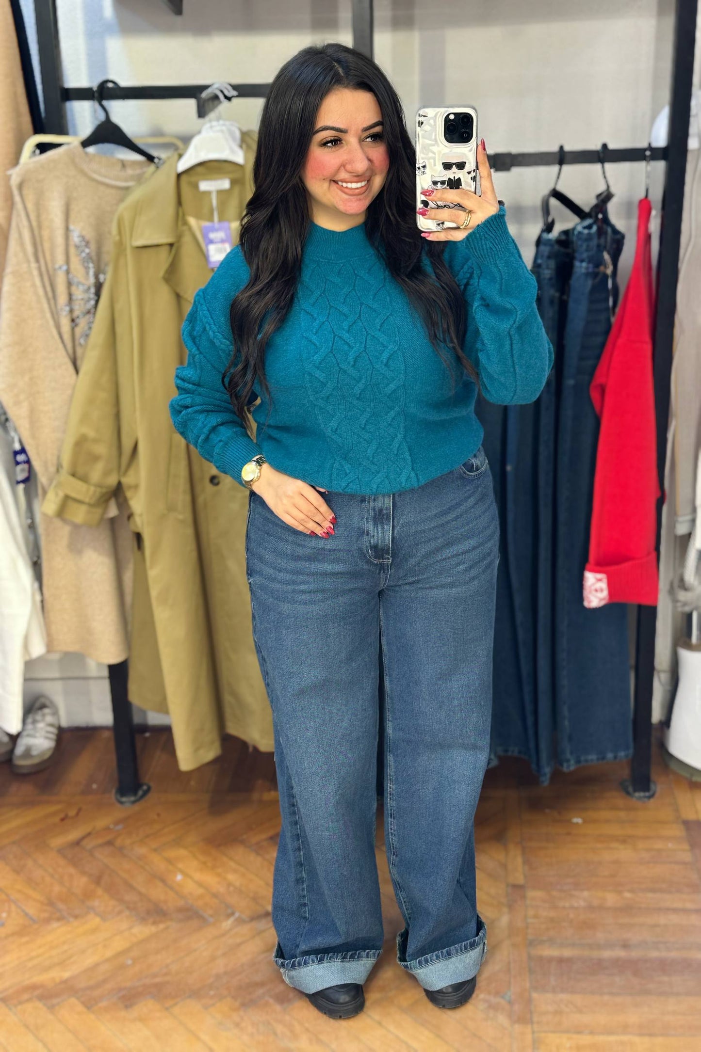Cable Knit Front Sweater with Patterned Sleeves