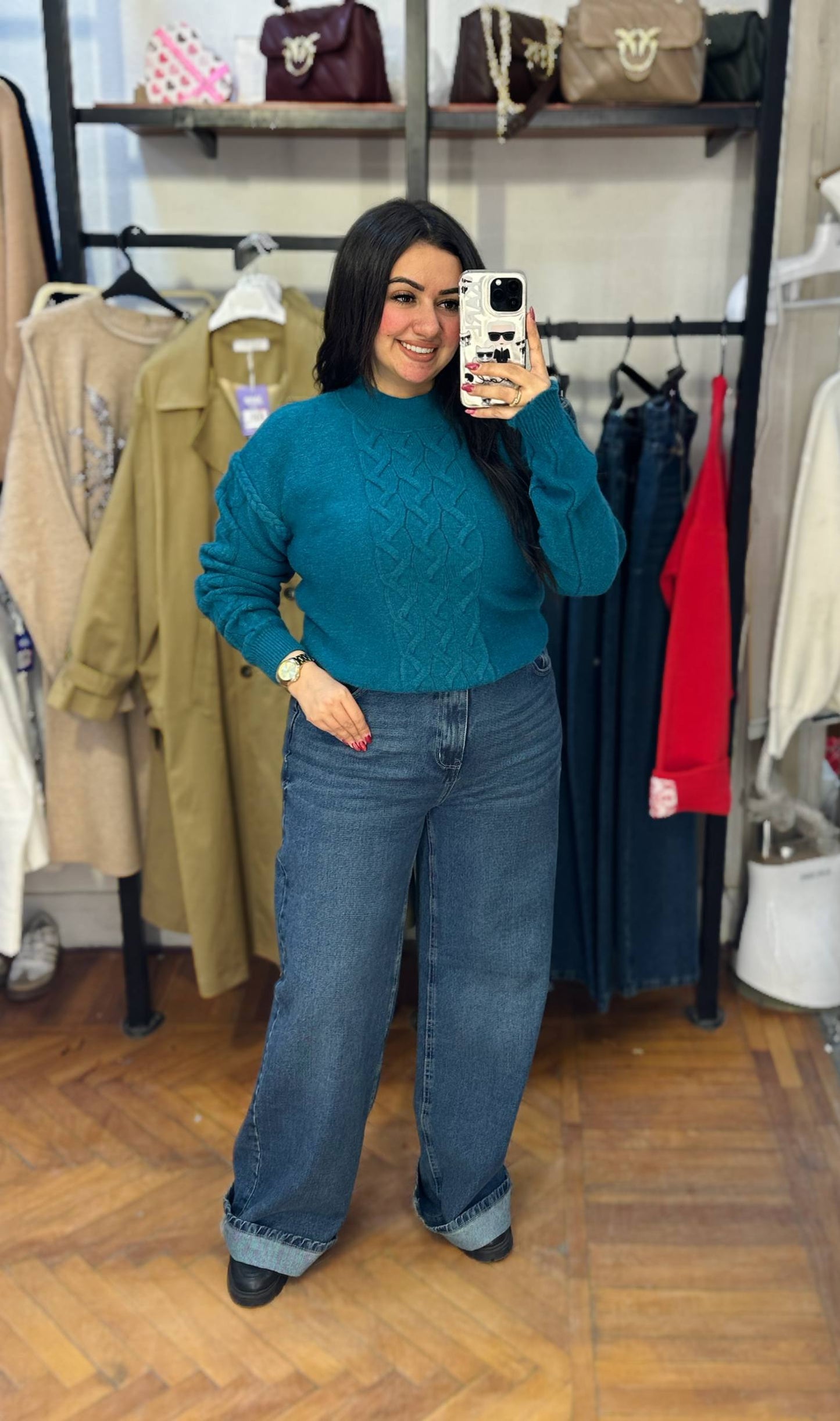 Cable Knit Front Sweater with Patterned Sleeves