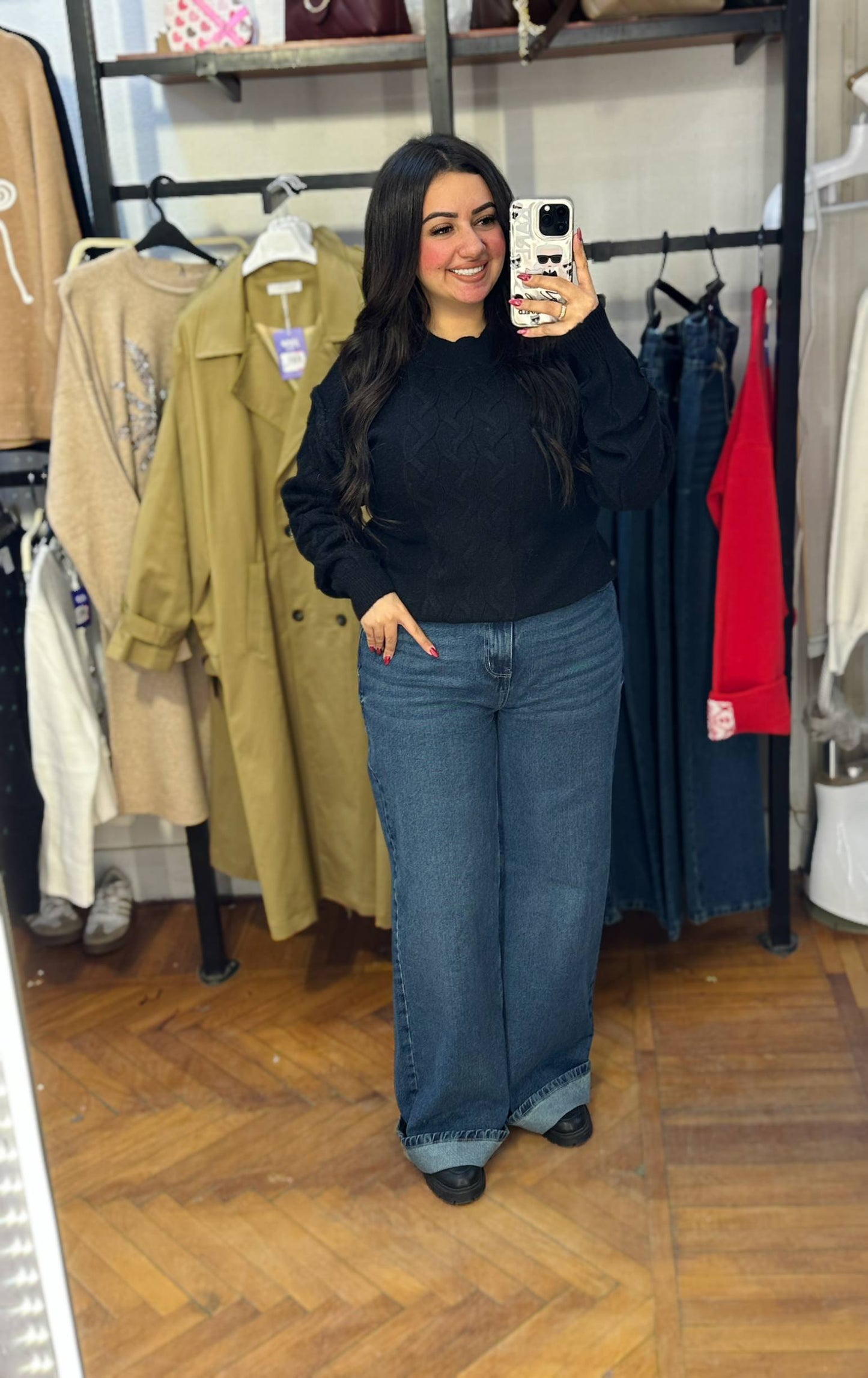 Cable Knit Front Sweater with Patterned Sleeves