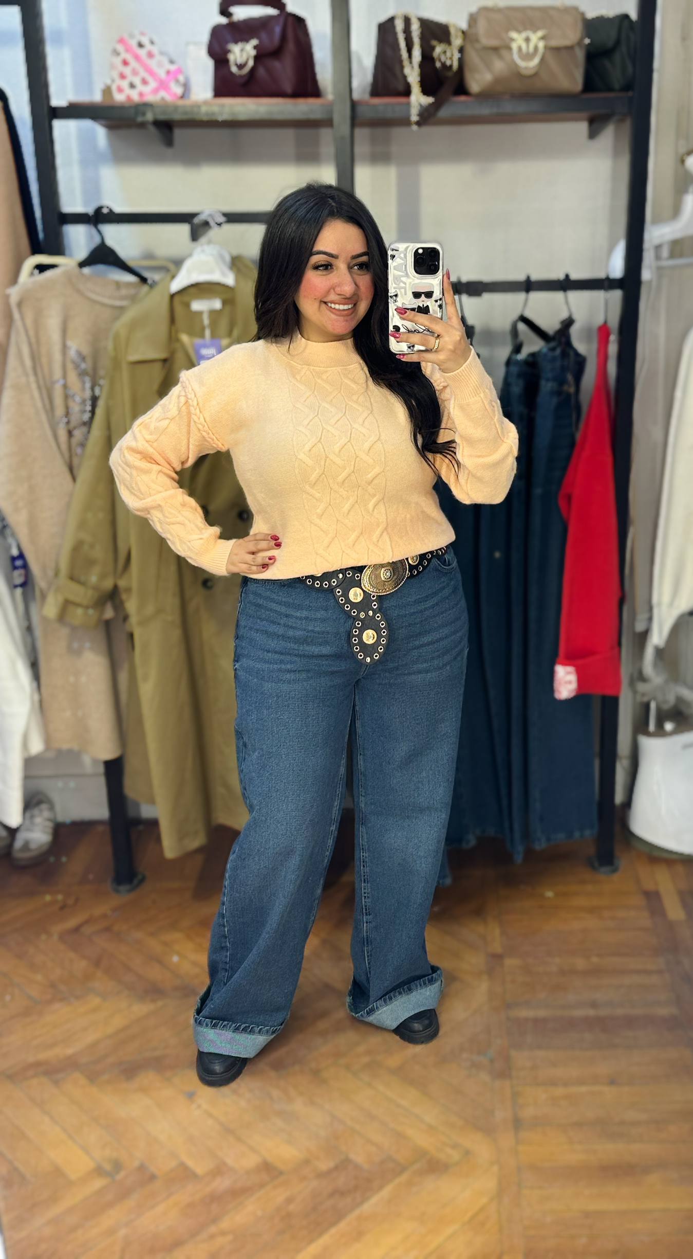 Cable Knit Front Sweater with Patterned Sleeves