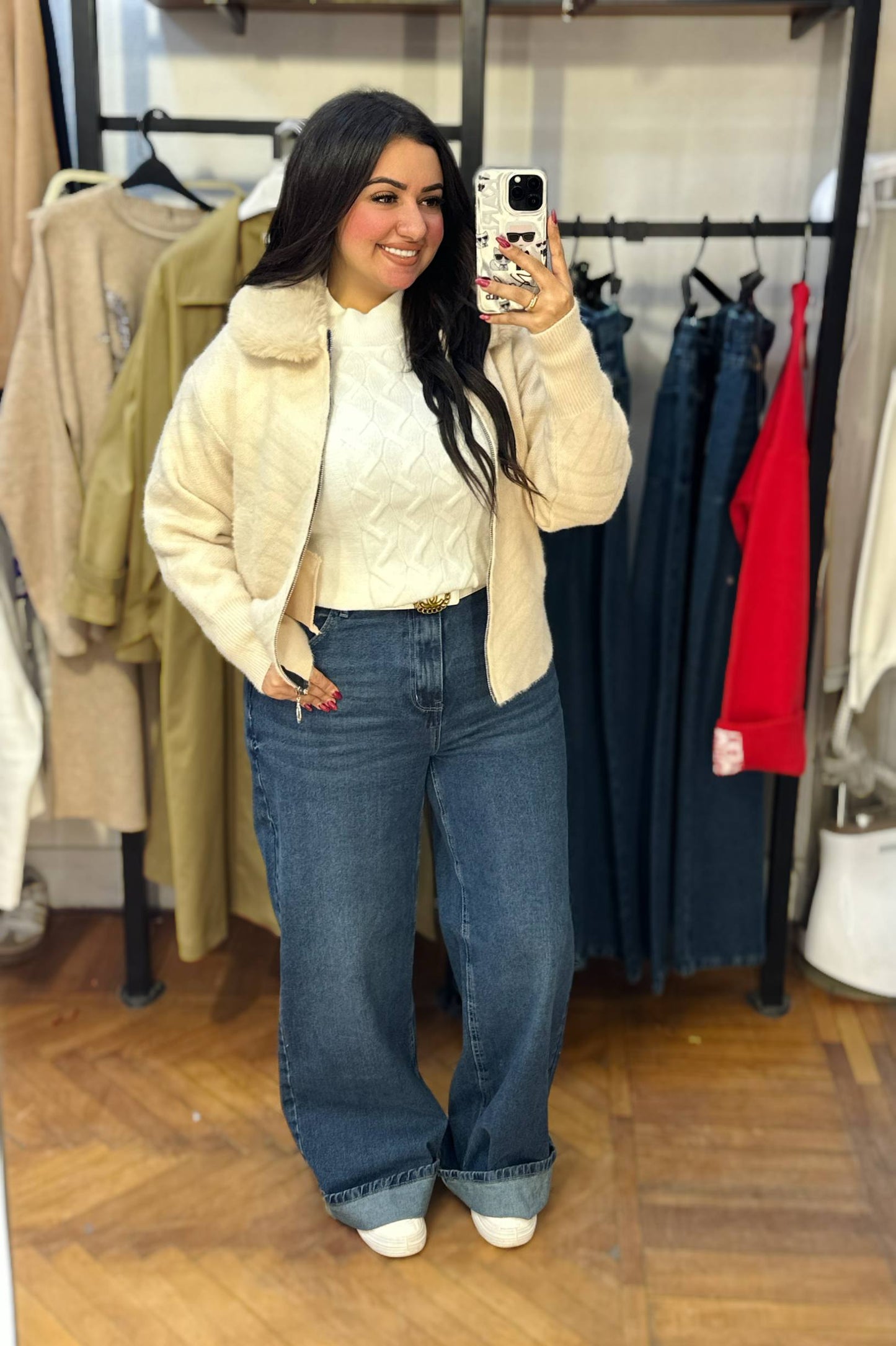 Zip-Up Knit Jacket with Detachable Fur Collar