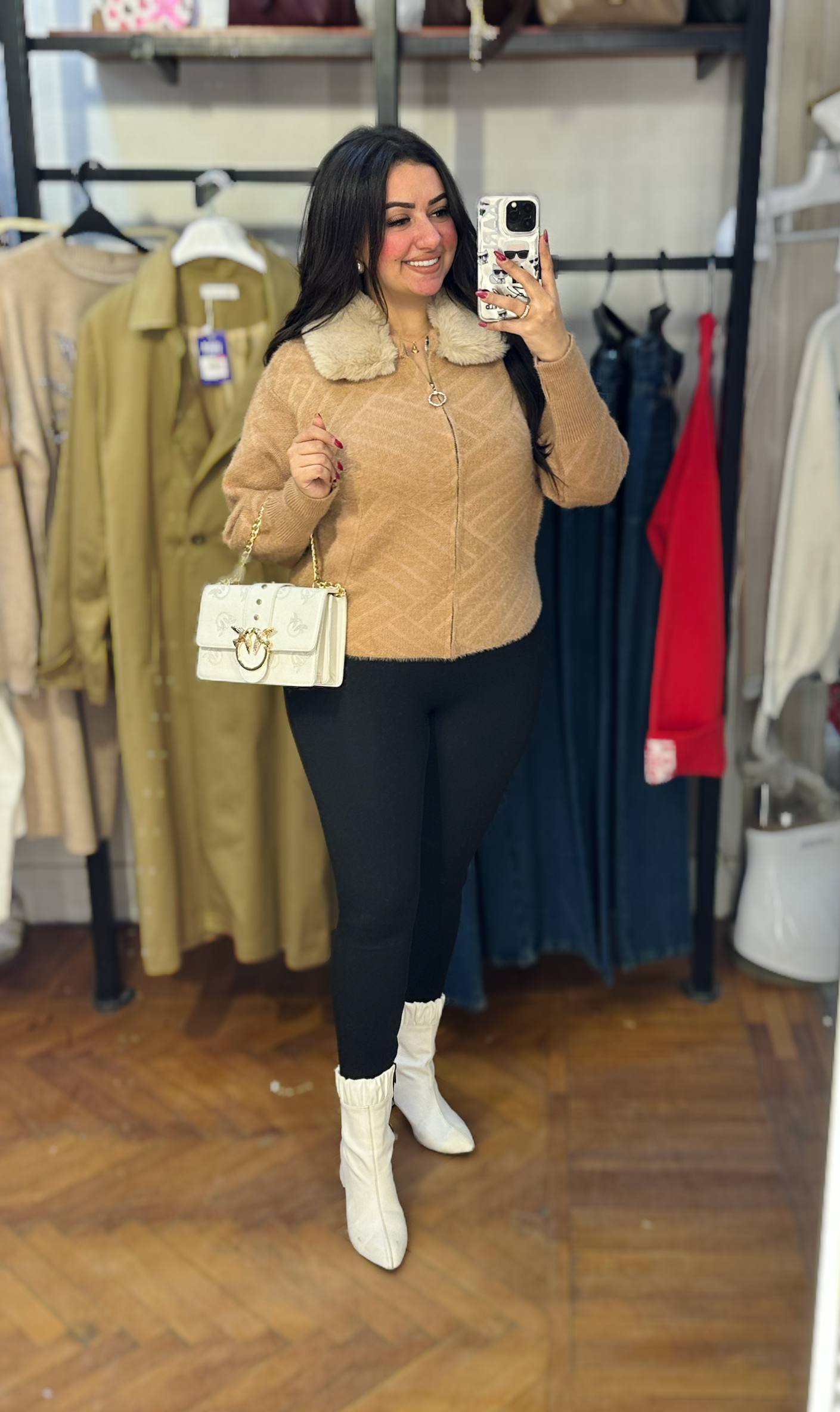 Zip-Up Knit Jacket with Detachable Fur Collar