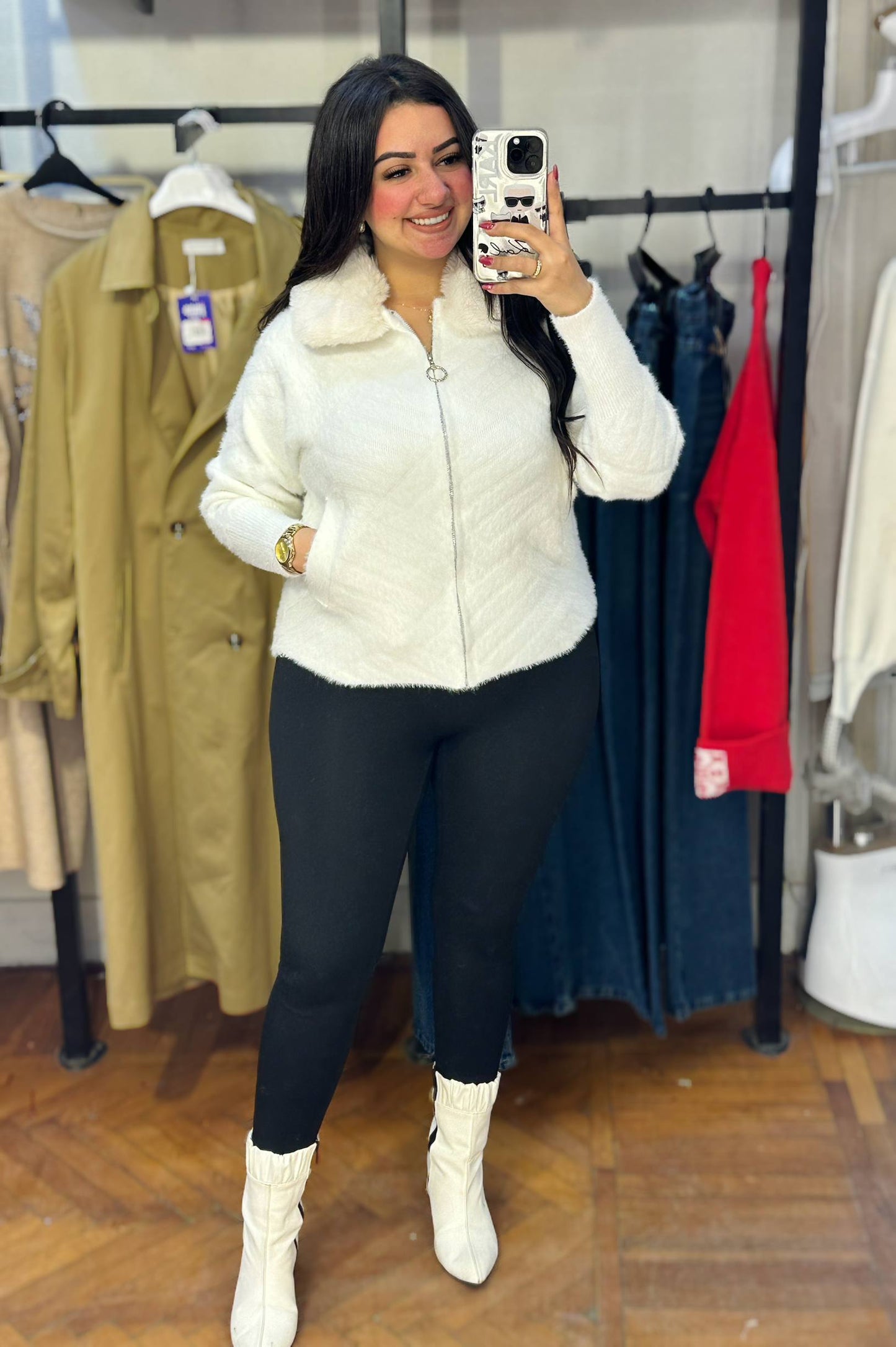 Zip-Up Knit Jacket with Detachable Fur Collar