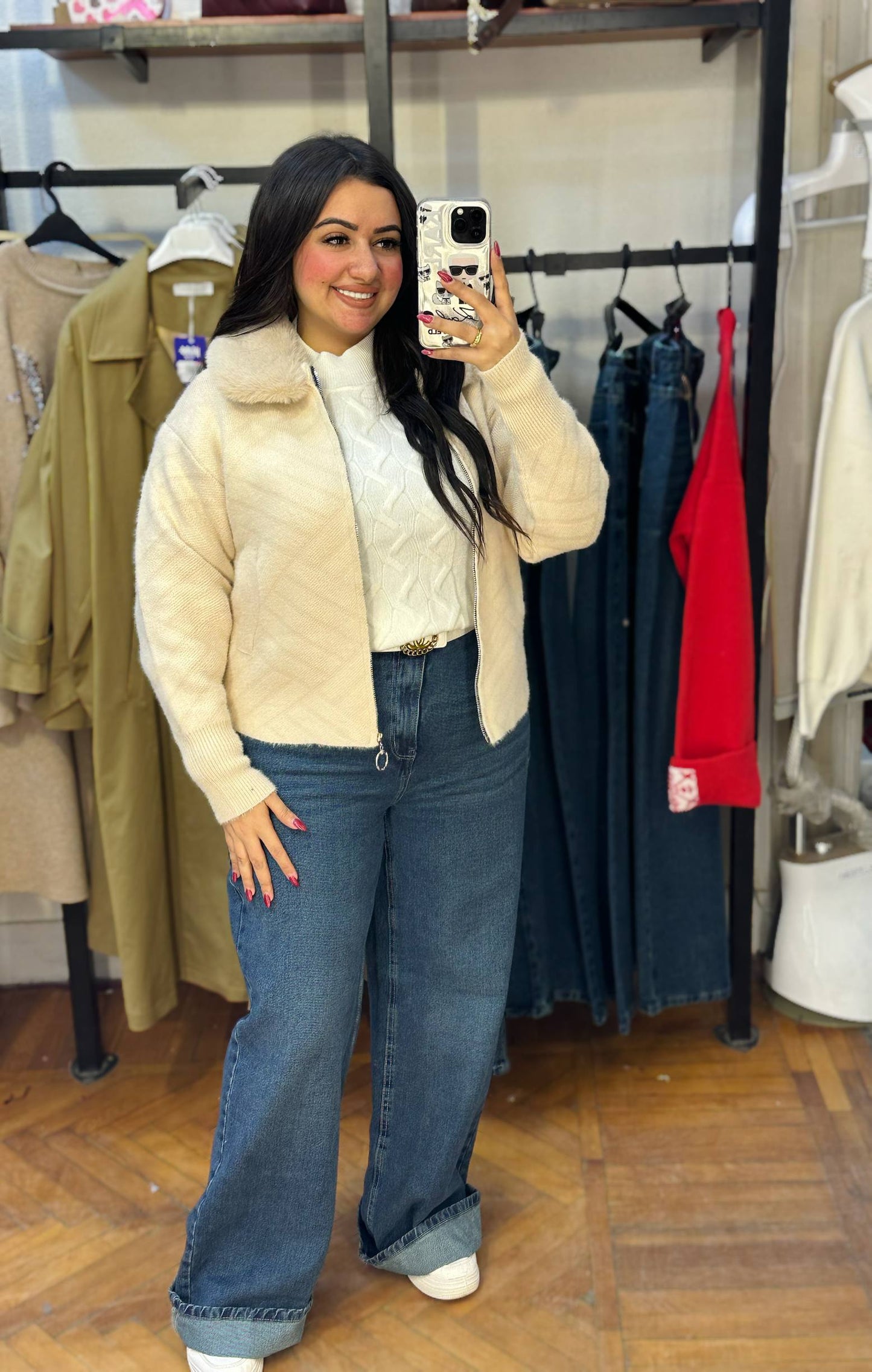 Zip-Up Knit Jacket with Detachable Fur Collar
