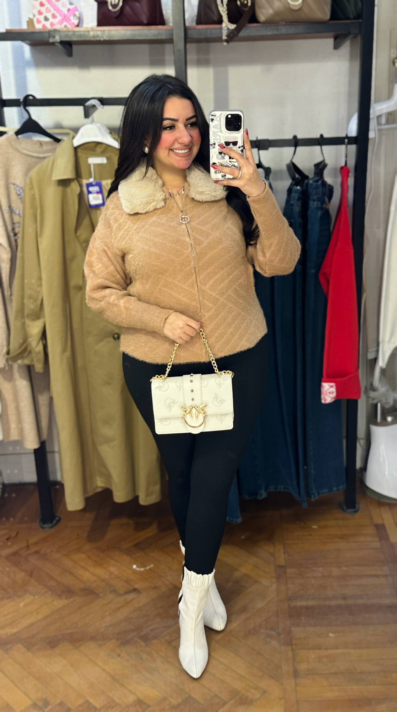Zip-Up Knit Jacket with Detachable Fur Collar