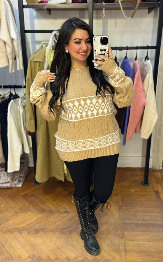 Patterned Knit Sweater with Textured Details