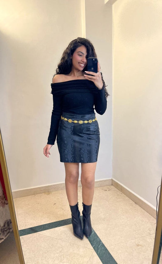 Black Snake-Print Faux Leather Mini Skirt