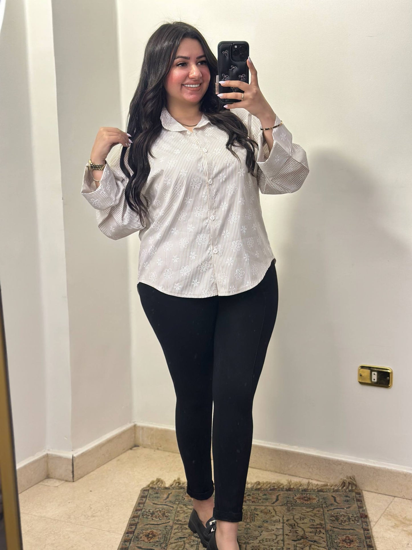 Embroidered Pinstripe Long-Sleeve Shirt with Wide Cuffs