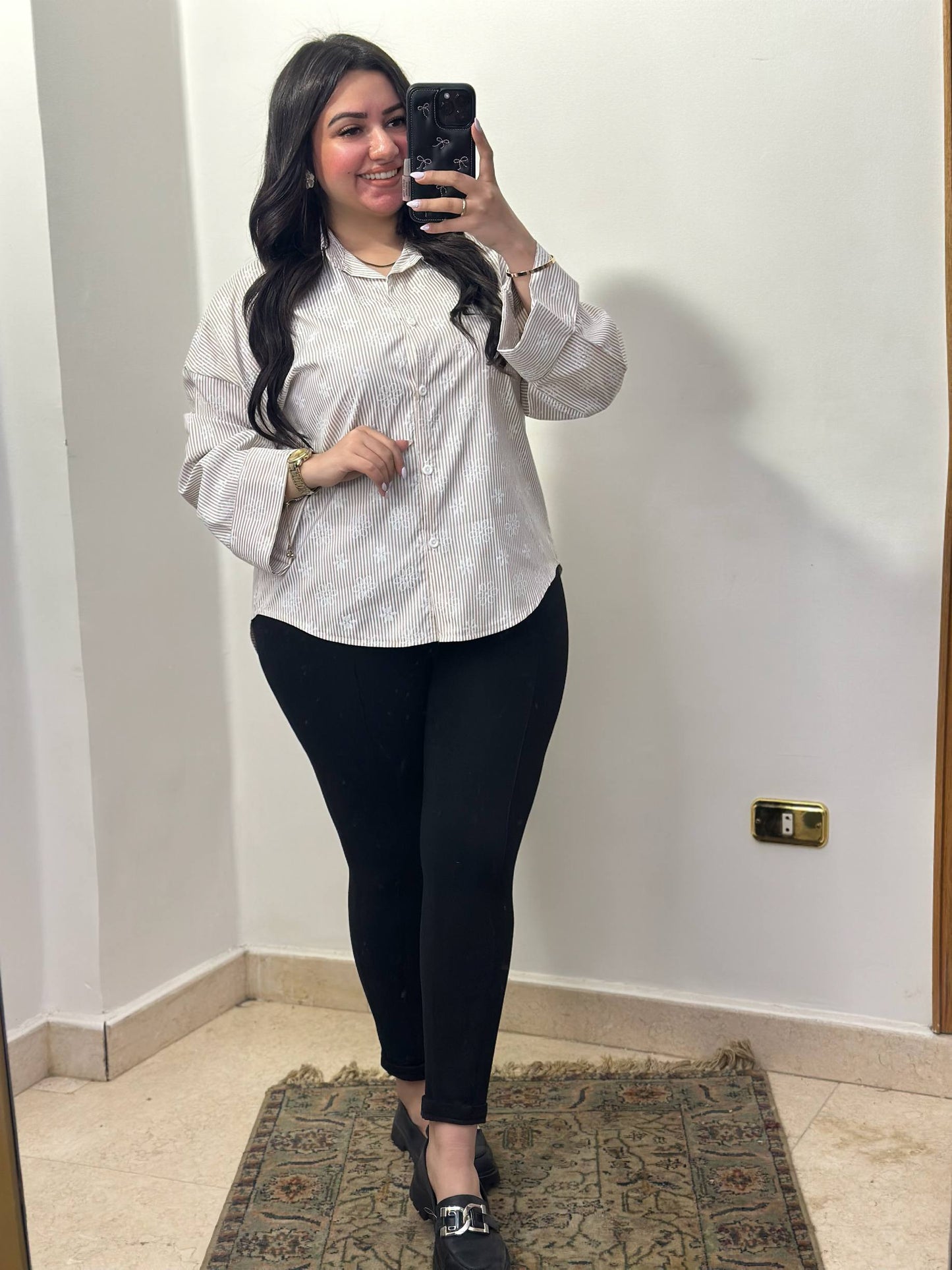 Embroidered Pinstripe Long-Sleeve Shirt with Wide Cuffs